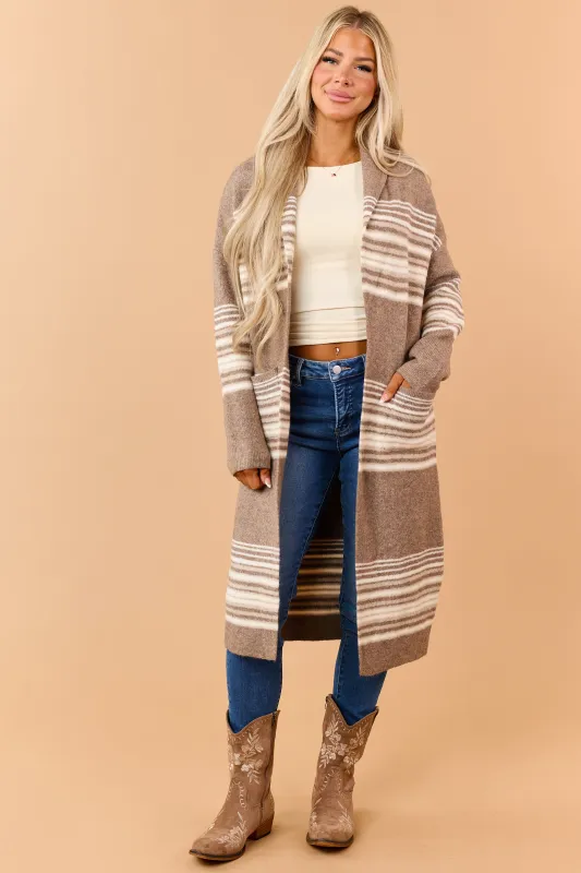 Mocha Brown Striped Open Front Duster Cardigan made by MABLE