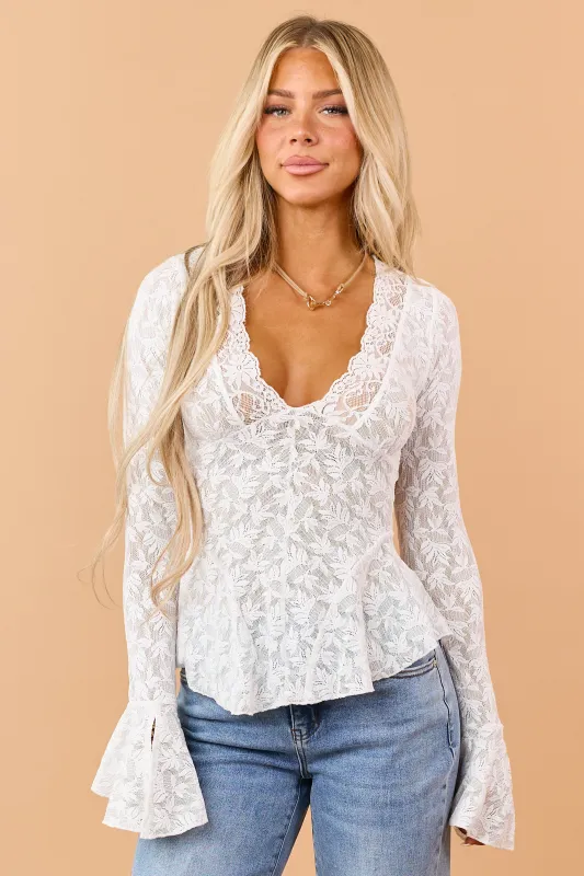 Ivory Sheer Floral Lace Flare Cuff Long Sleeve Top made by HYFVE