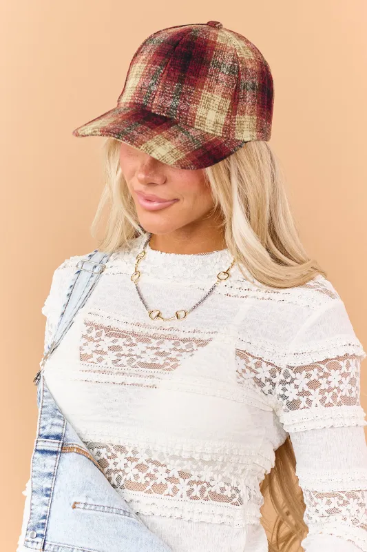 Burgundy Plaid Curved Brim Baseball Cap made by Fame Accessories