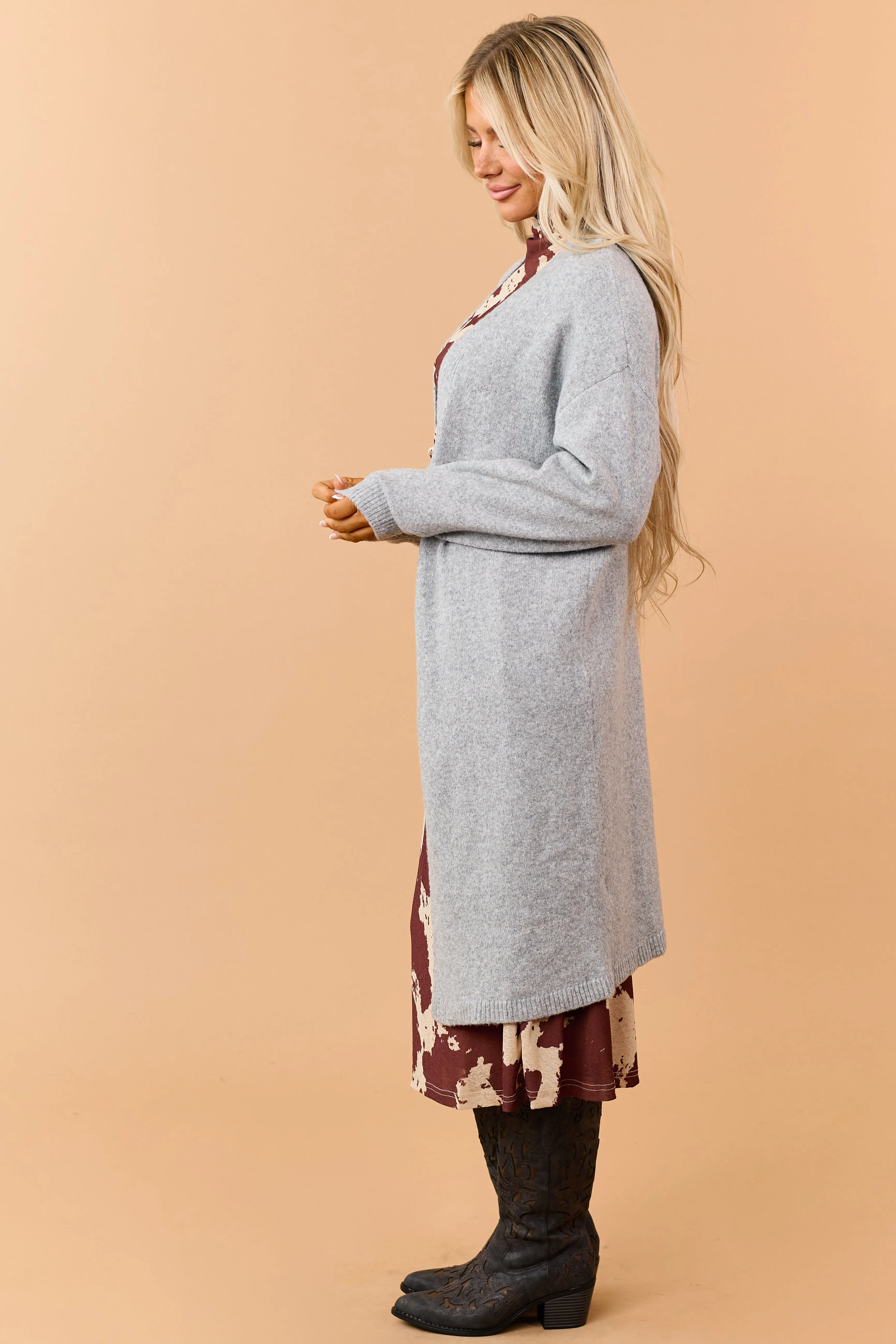 Heather Grey Rib Knit Open Front Duster Cardigan sold by Lime Lush product image thumbnail 5