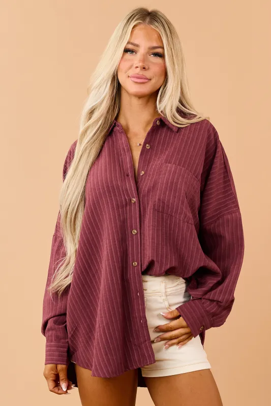 Maroon Striped Button Up Long Sleeve Relaxed Shirt made by HYFVE