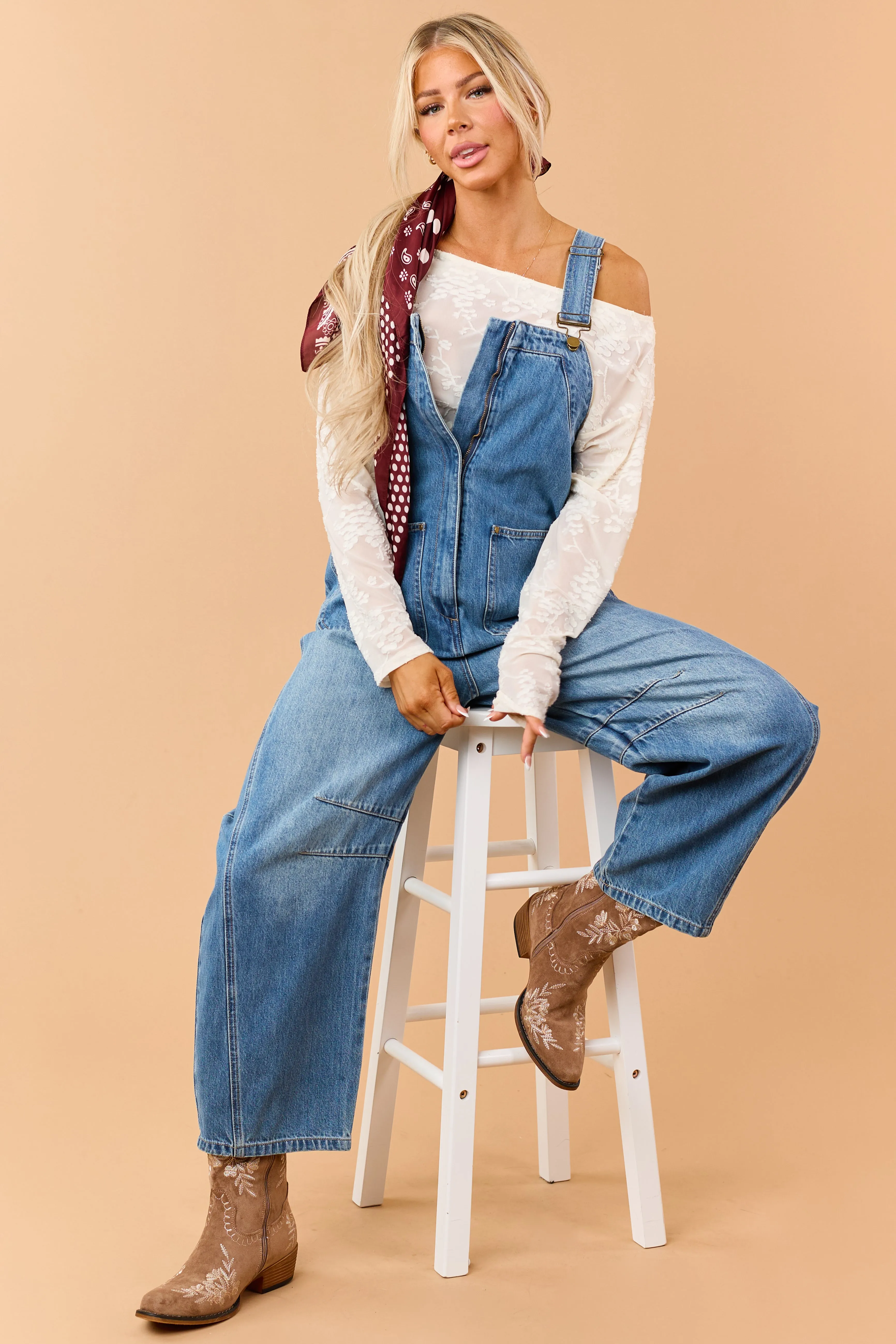 Listicle Medium Wash Denim Relaxed Barrel Overalls sold by Lime Lush product image thumbnail 2