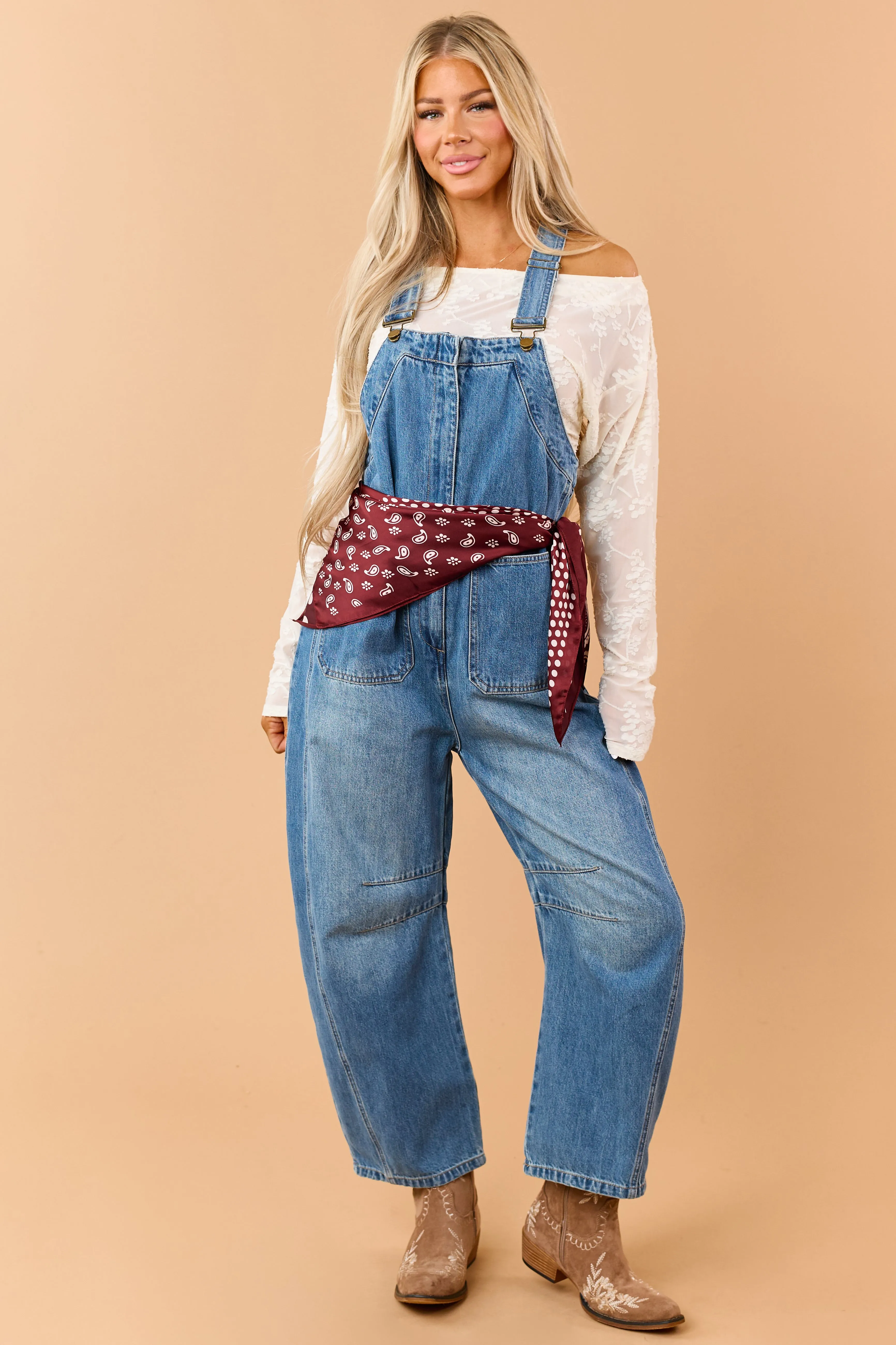 Listicle Medium Wash Denim Relaxed Barrel Overalls sold by Lime Lush product image thumbnail 5