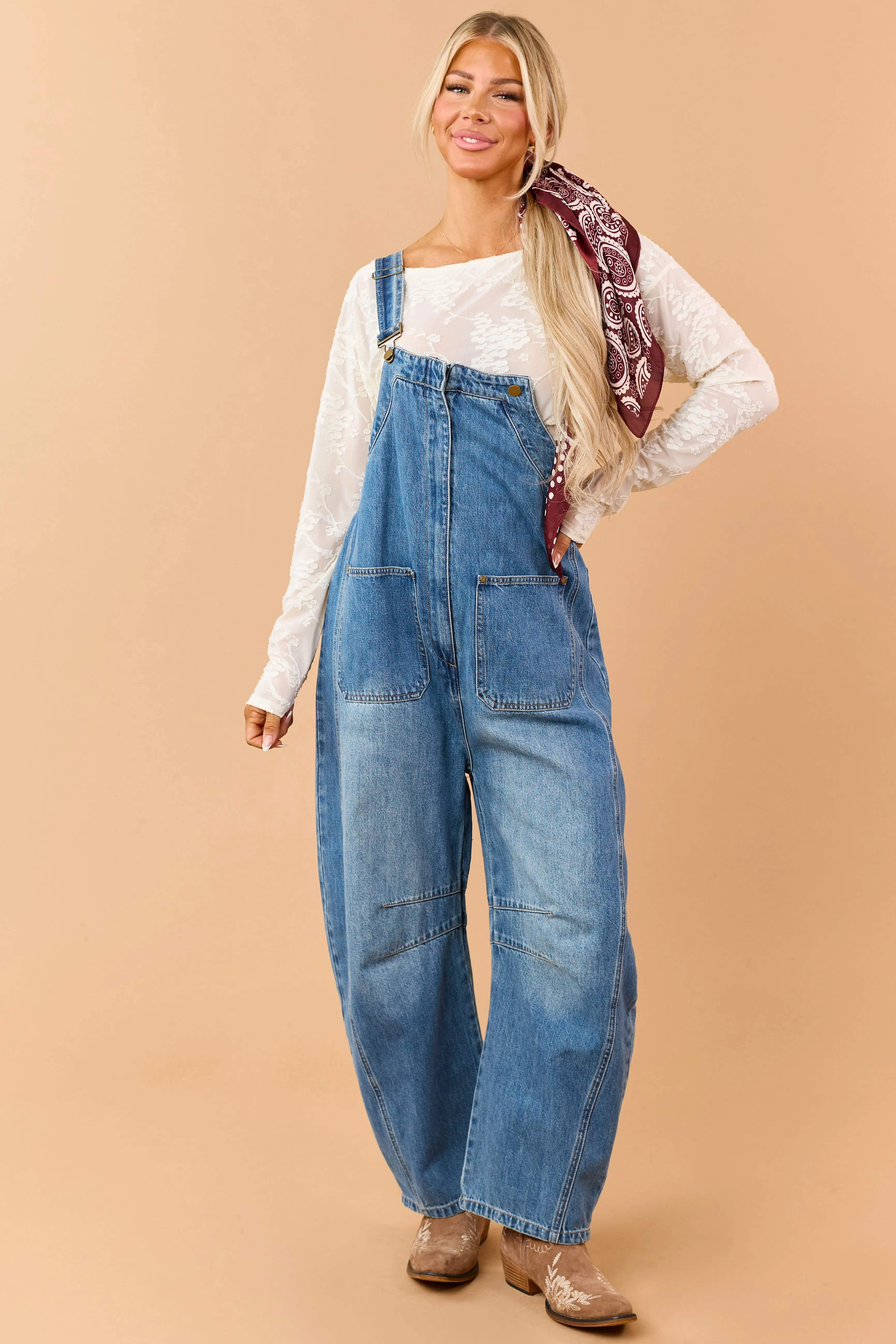 Listicle Medium Wash Denim Relaxed Barrel Overalls sold by Lime Lush product image thumbnail 3