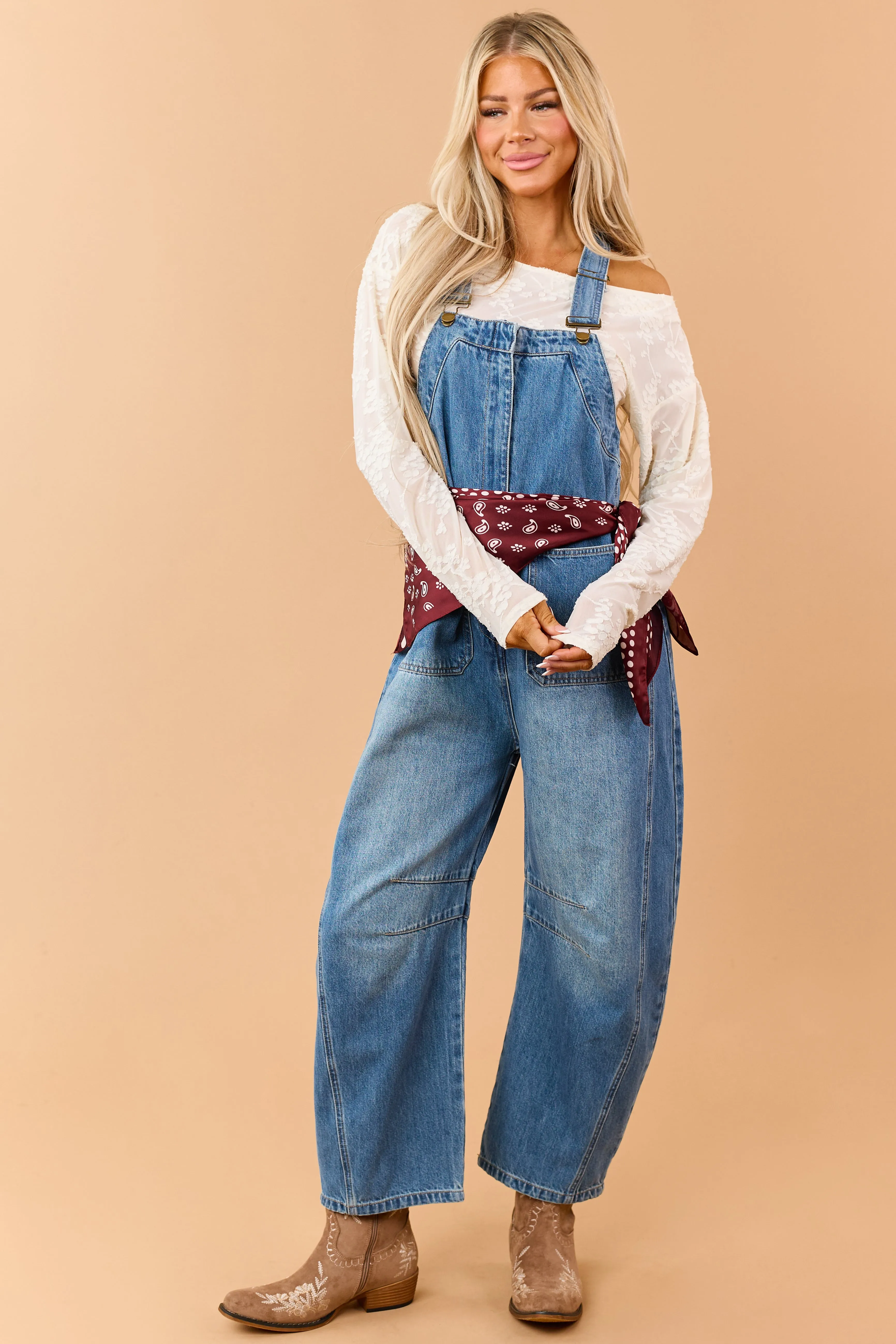 Listicle Medium Wash Denim Relaxed Barrel Overalls sold by Lime Lush product image thumbnail 4