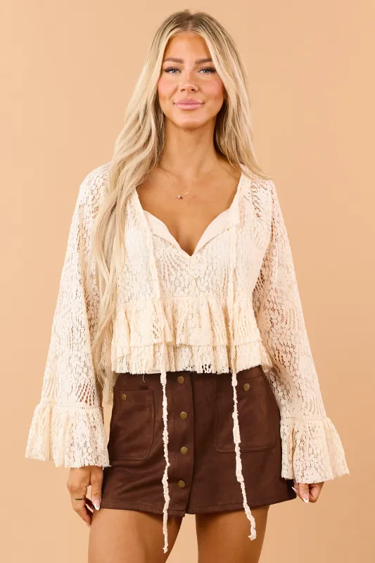 Cream Lace Long Bell Sleeve Ruffle Hem Top made by HYFVE