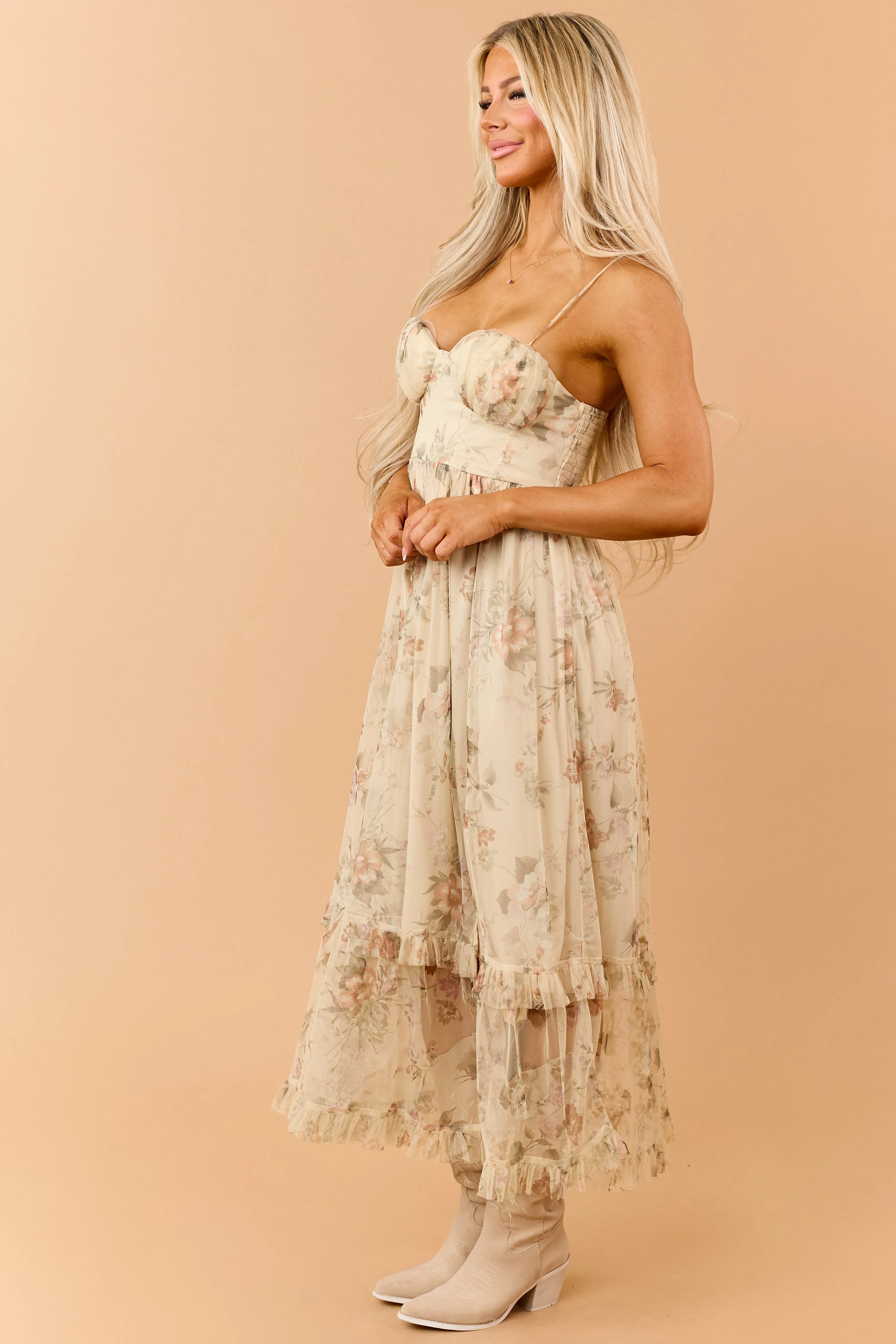Light Desert Yellow Floral Organza Flowy Midi Dress sold by Lime Lush product image thumbnail 3