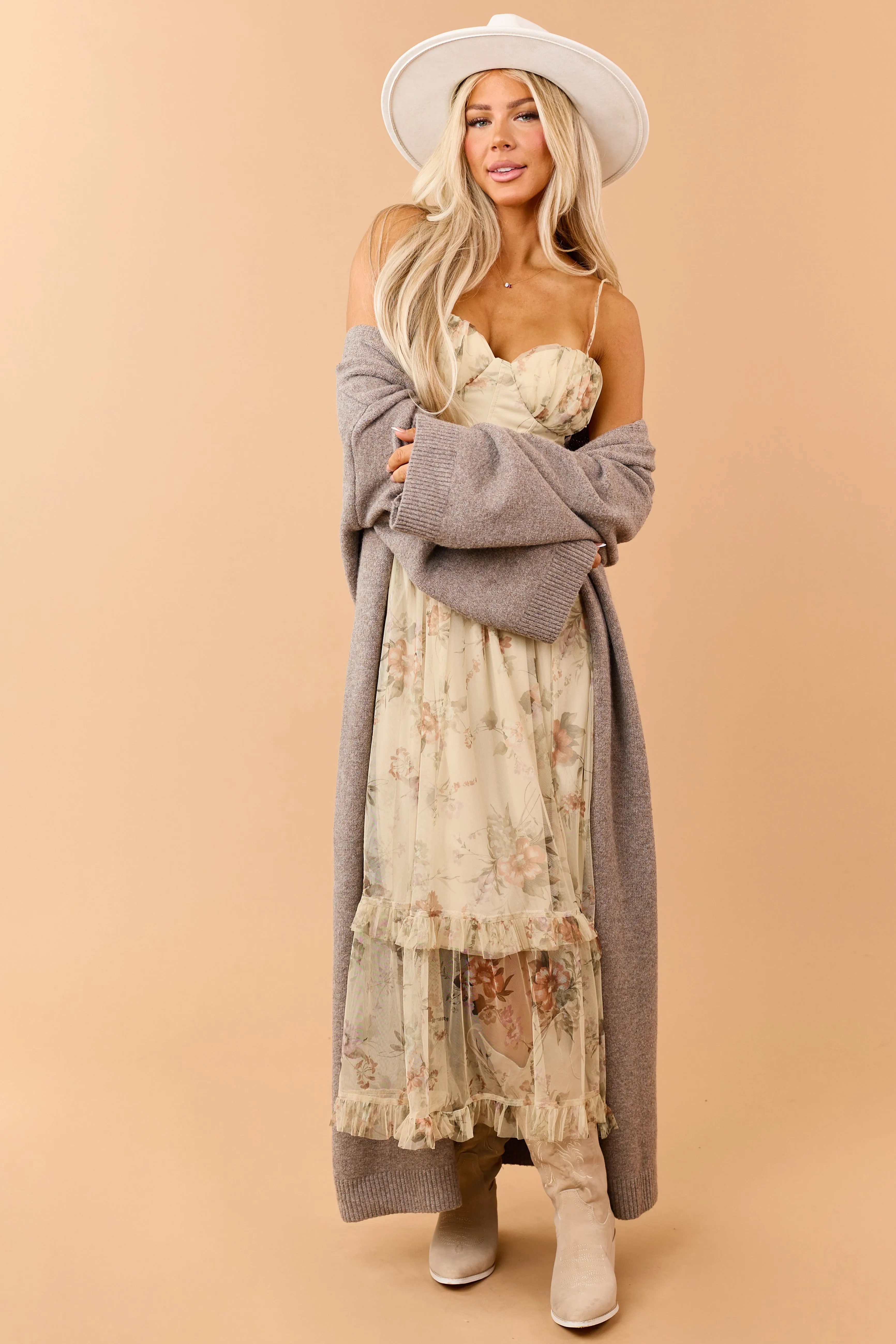 Light Desert Yellow Floral Organza Flowy Midi Dress sold by Lime Lush product image thumbnail 5