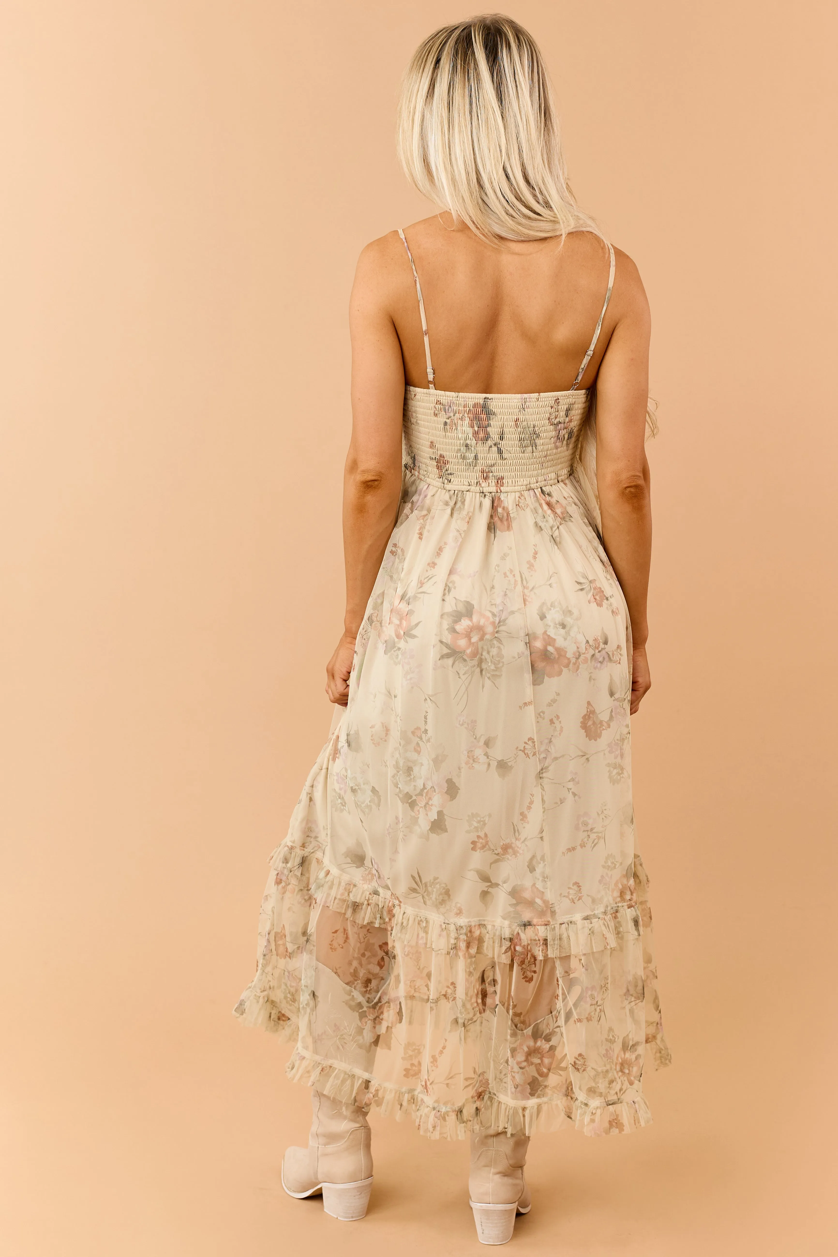 Light Desert Yellow Floral Organza Flowy Midi Dress sold by Lime Lush product image thumbnail 4