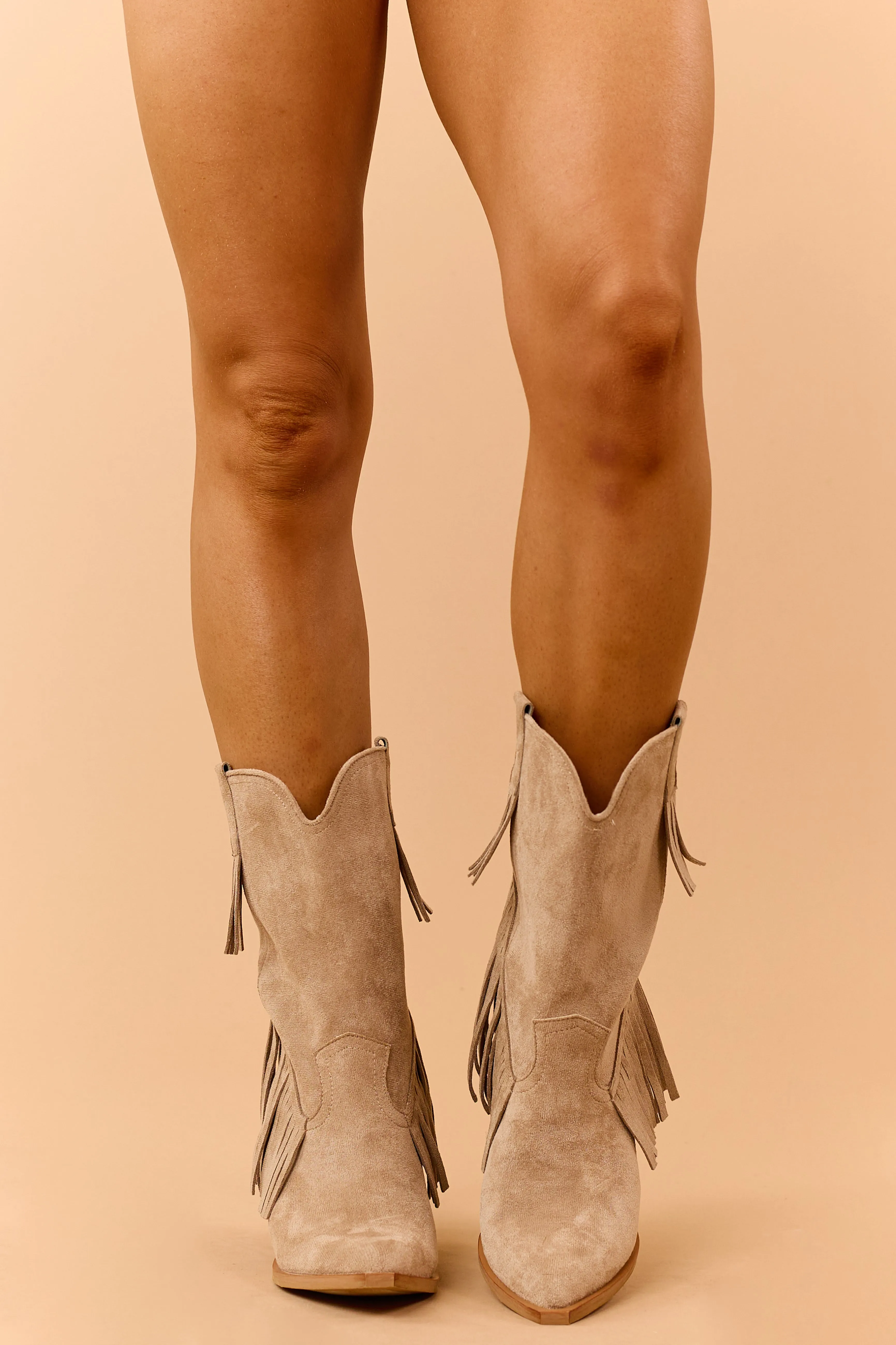Light Taupe Faux Suede Fringe Western Boots sold by Lime Lush product image thumbnail 5