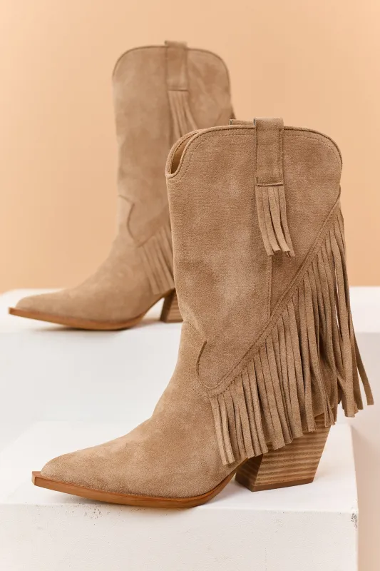 Light Taupe Faux Suede Fringe Western Boots made by Mi.iM