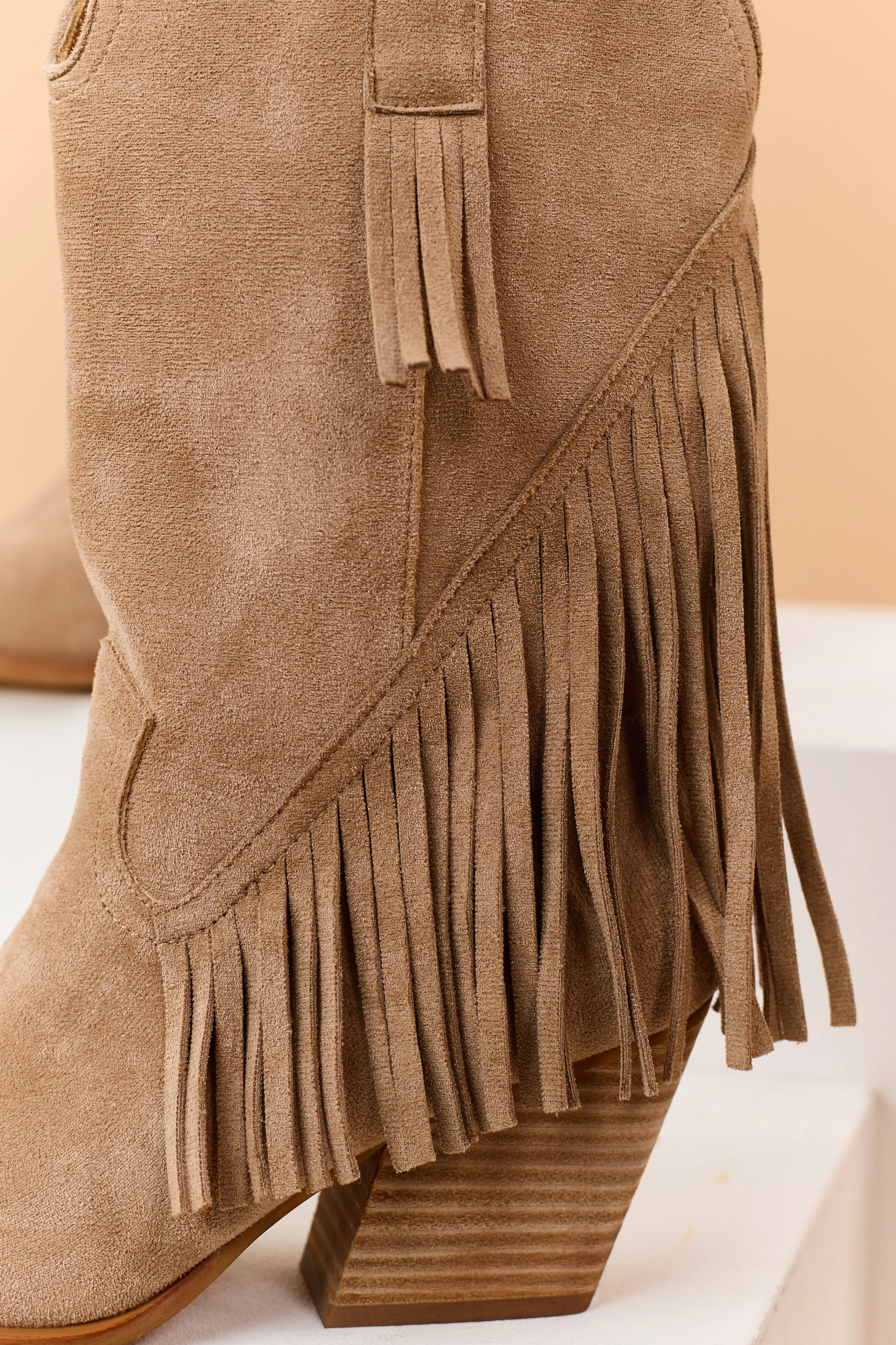 Light Taupe Faux Suede Fringe Western Boots sold by Lime Lush product image thumbnail 4