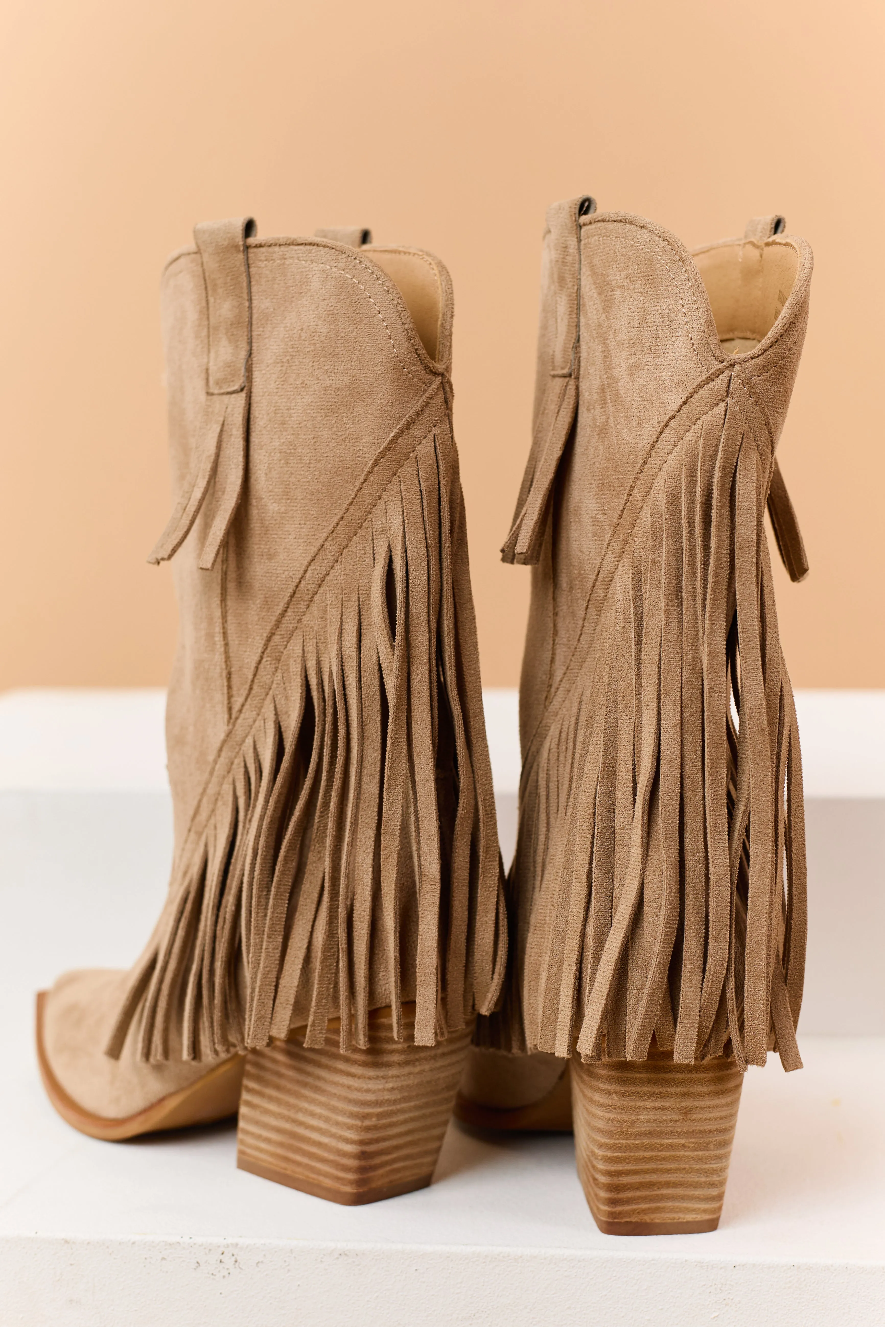 Light Taupe Faux Suede Fringe Western Boots sold by Lime Lush product image thumbnail 3