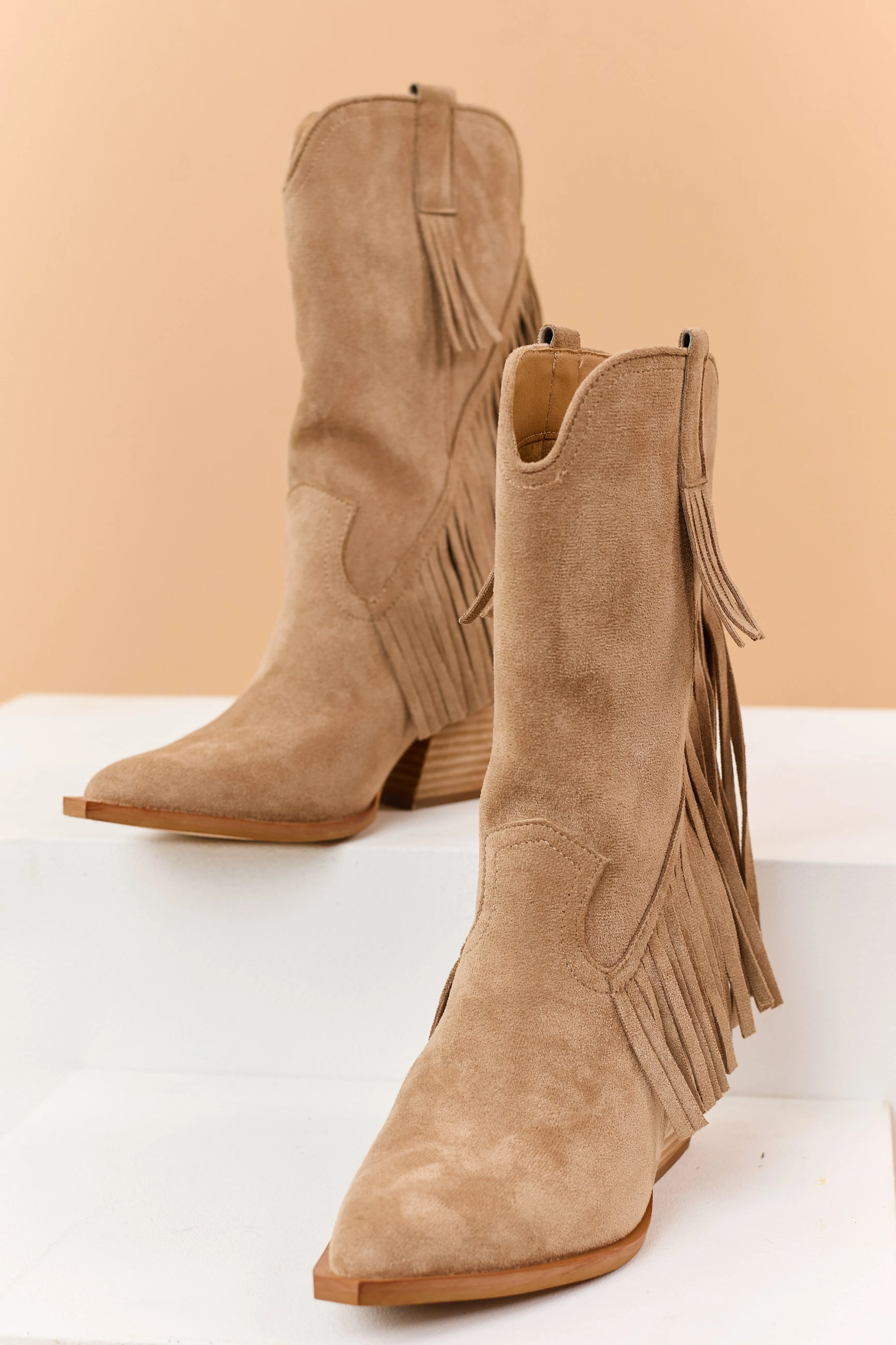 Light Taupe Faux Suede Fringe Western Boots sold by Lime Lush product image thumbnail 2