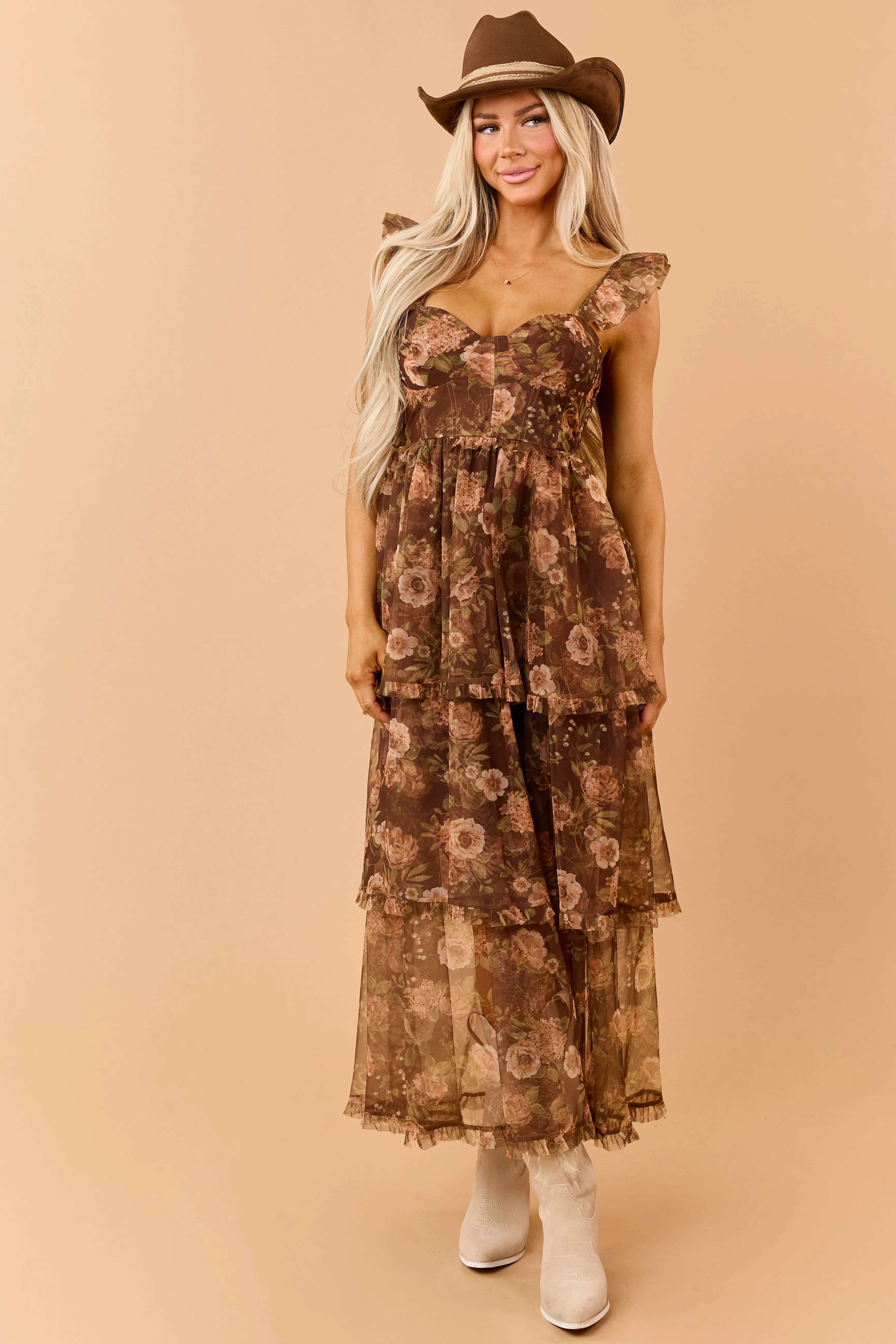 Chocolate Floral Tiered Chiffon Corset Style Maxi Dress sold by Lime Lush product image thumbnail 2