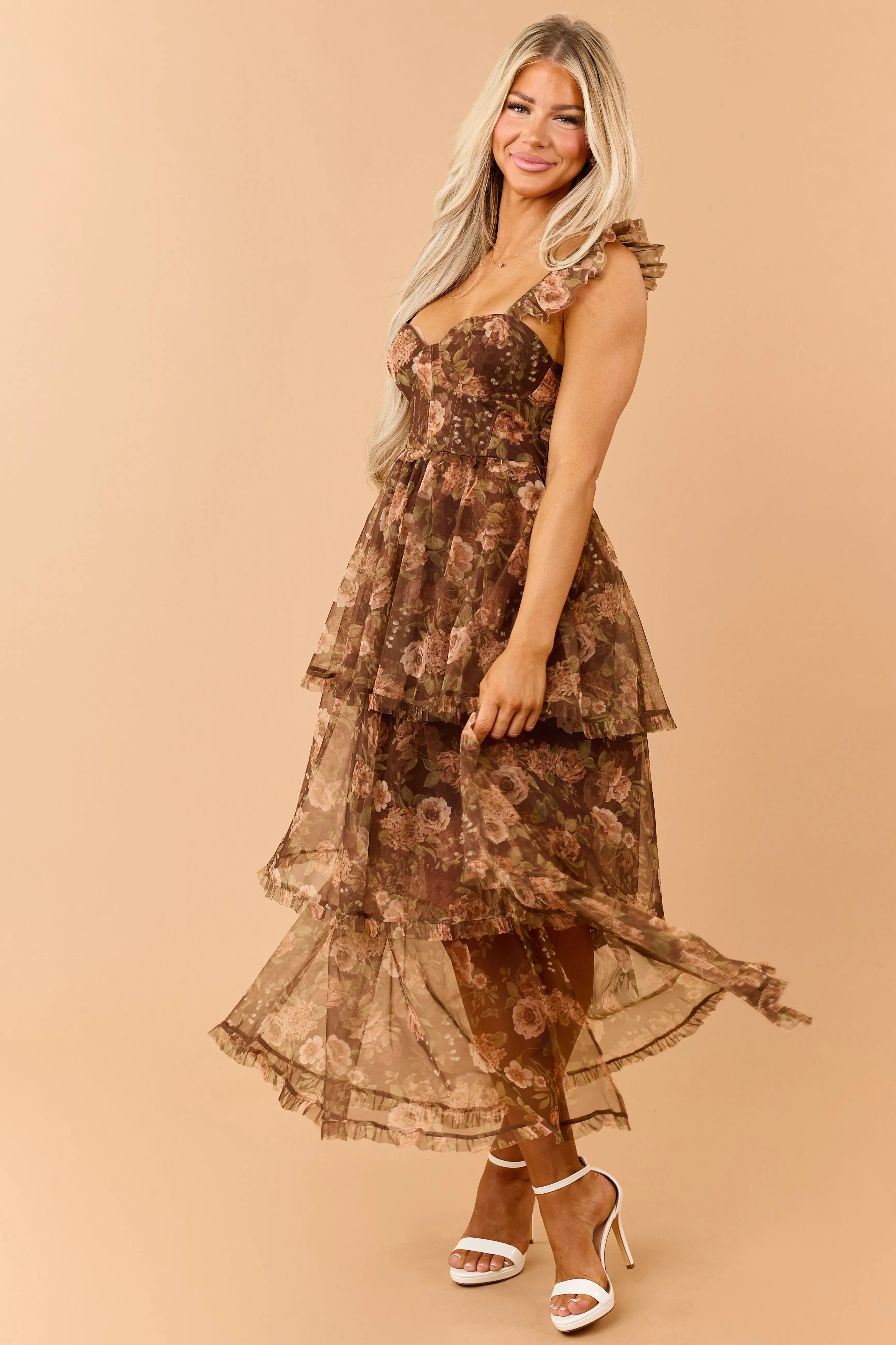 Chocolate Floral Tiered Chiffon Corset Style Maxi Dress sold by Lime Lush product image thumbnail 5