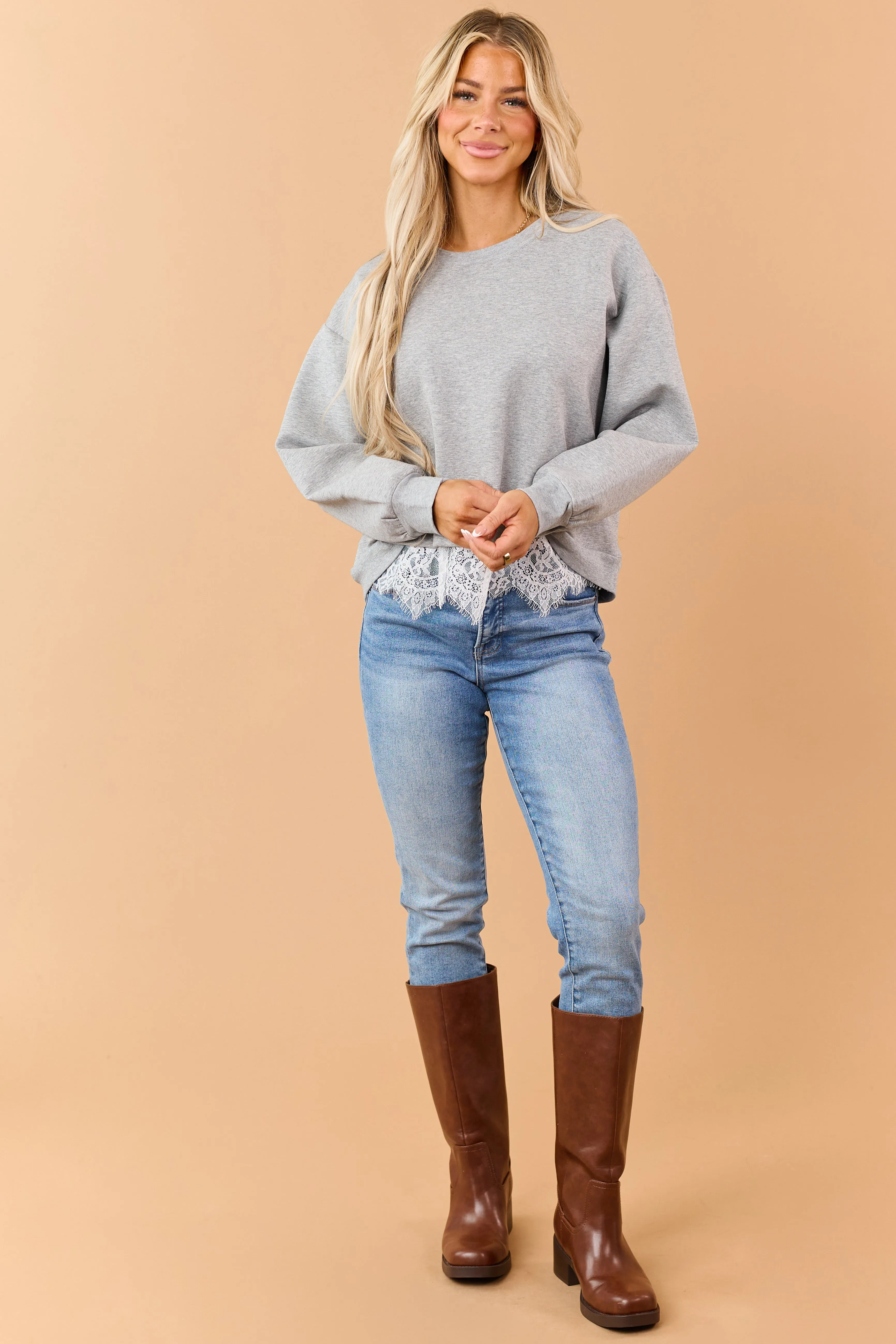 Heather Grey Relaxed Lace Hem Sweatshirt sold by Lime Lush product image thumbnail 3