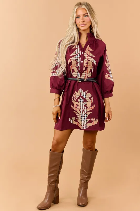 Maroon Cotton Plaid Baroque Applique Mini Dress made by JODIFL