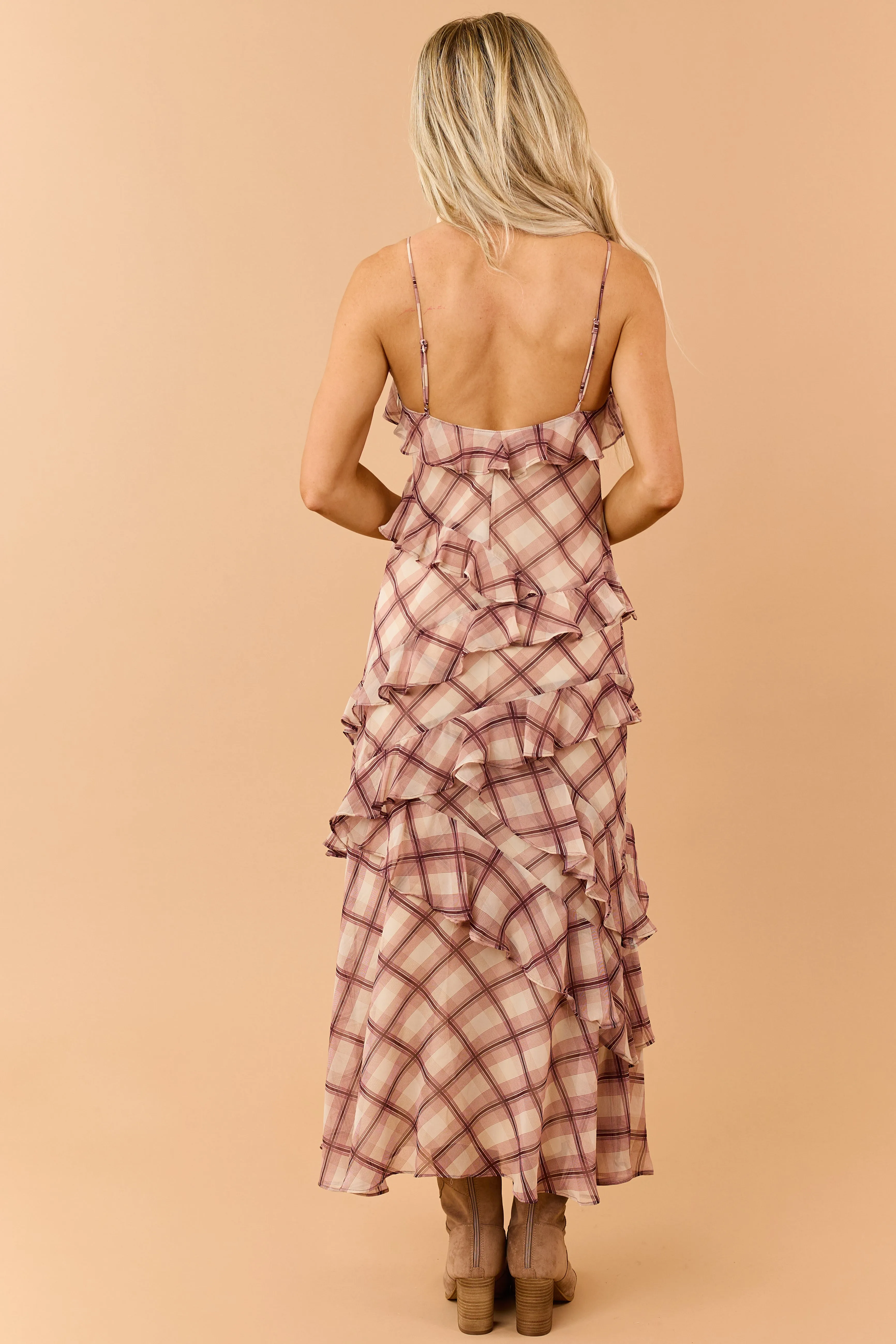 Beige Plaid Ruffled V Neck Sleeveless Maxi Dress sold by Lime Lush product image thumbnail 5
