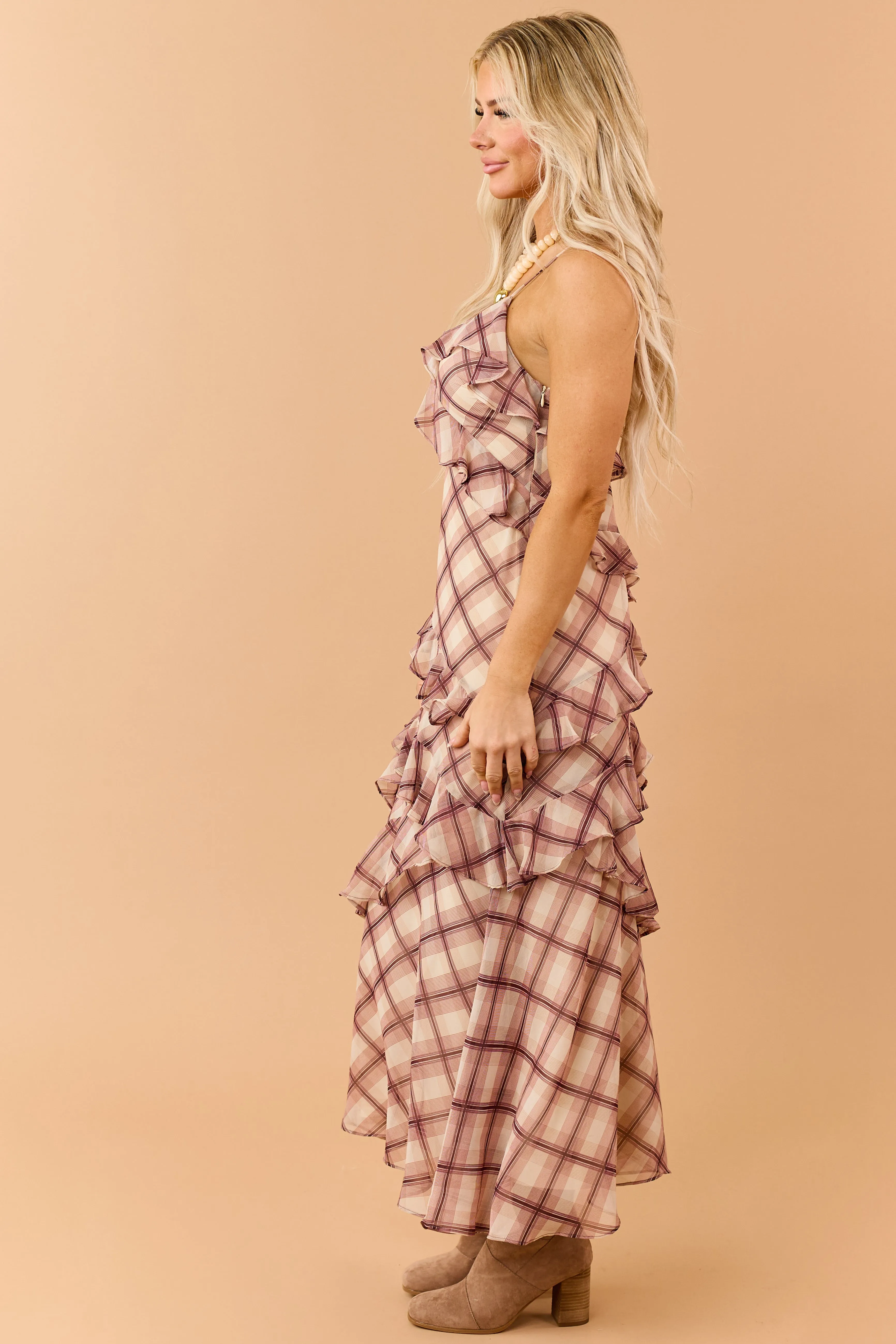 Beige Plaid Ruffled V Neck Sleeveless Maxi Dress sold by Lime Lush product image thumbnail 4