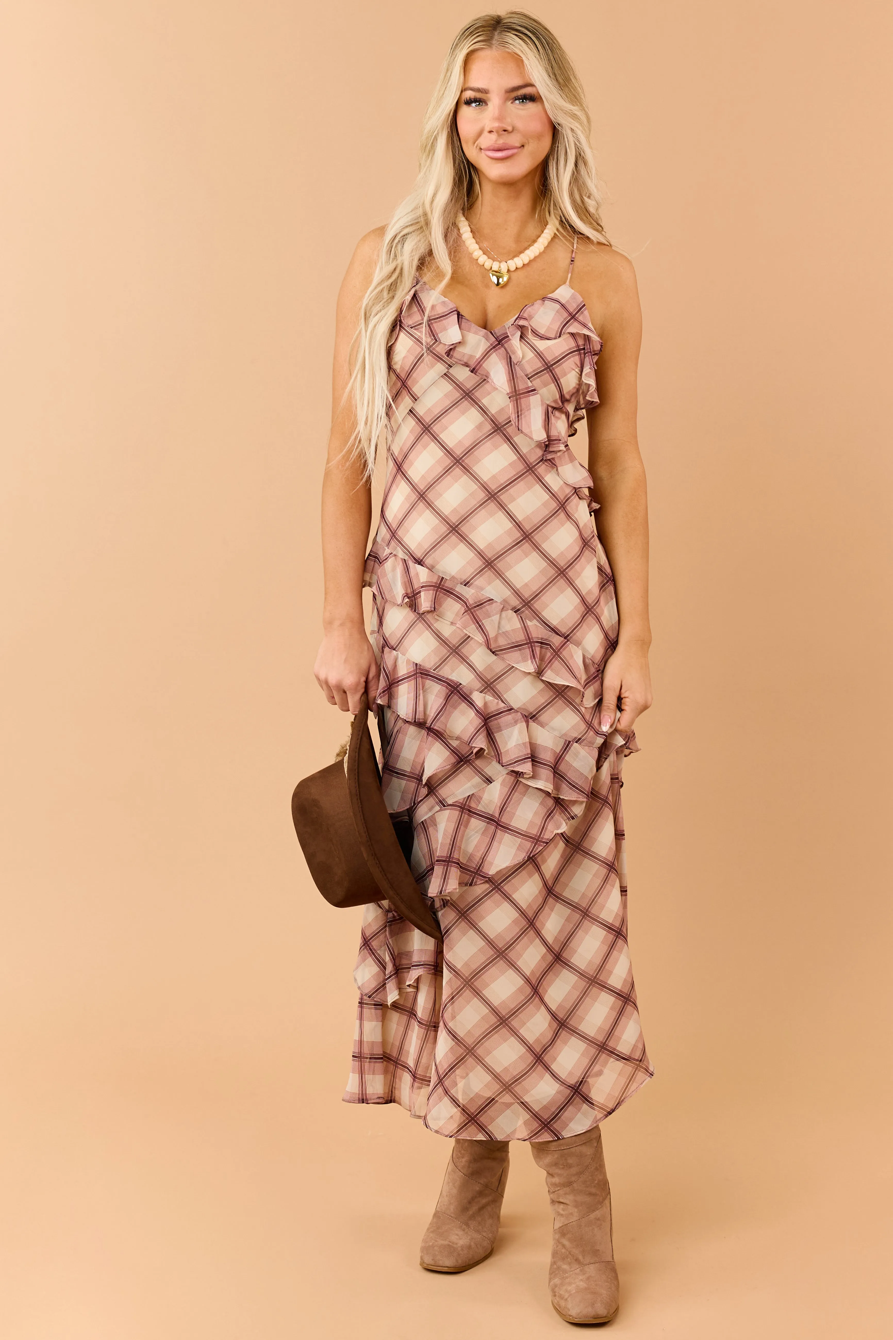 Beige Plaid Ruffled V Neck Sleeveless Maxi Dress sold by Lime Lush product image thumbnail 2