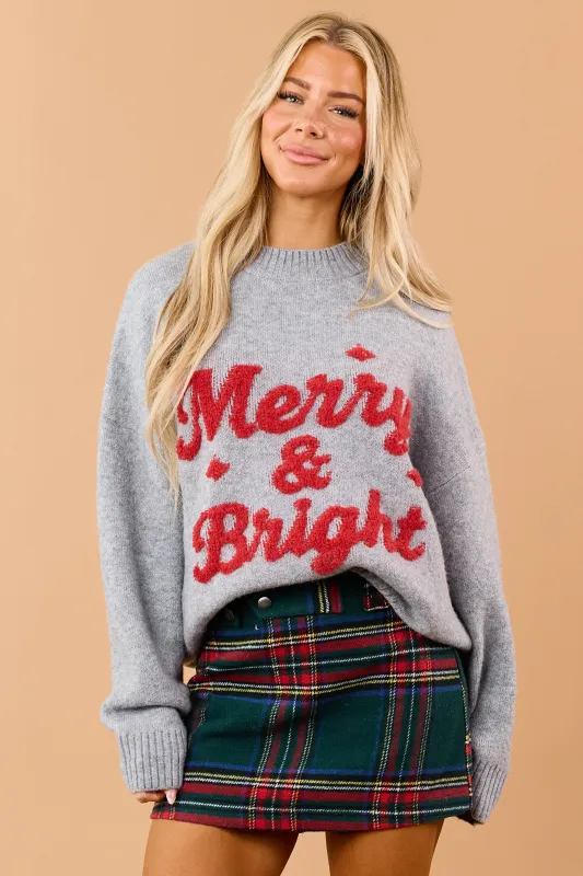Steel Grey Textured 'Merry & Bright' Graphic Sweater made by Blu Pepper