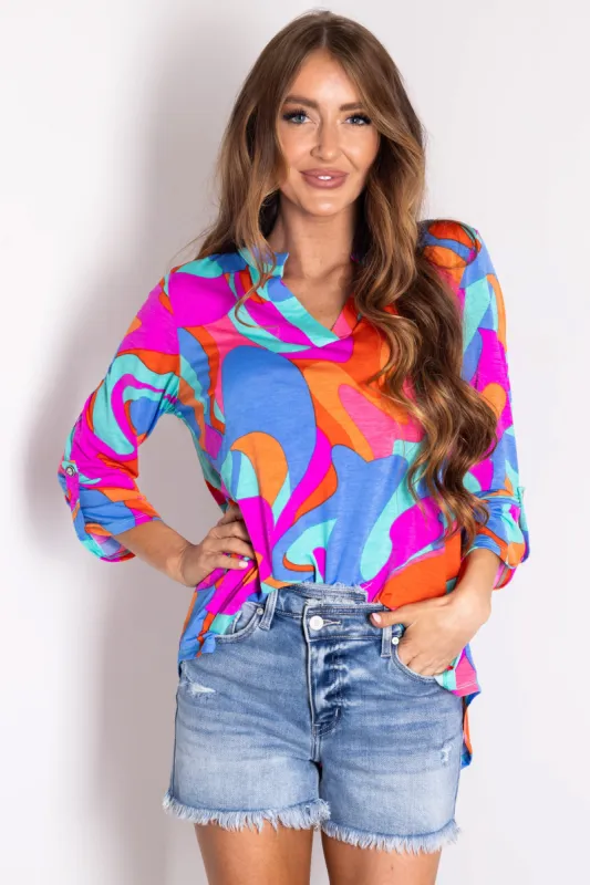 Multicolor Bright Abstract 3/4 Sleeve Knit Blouse sold by Lime Lush