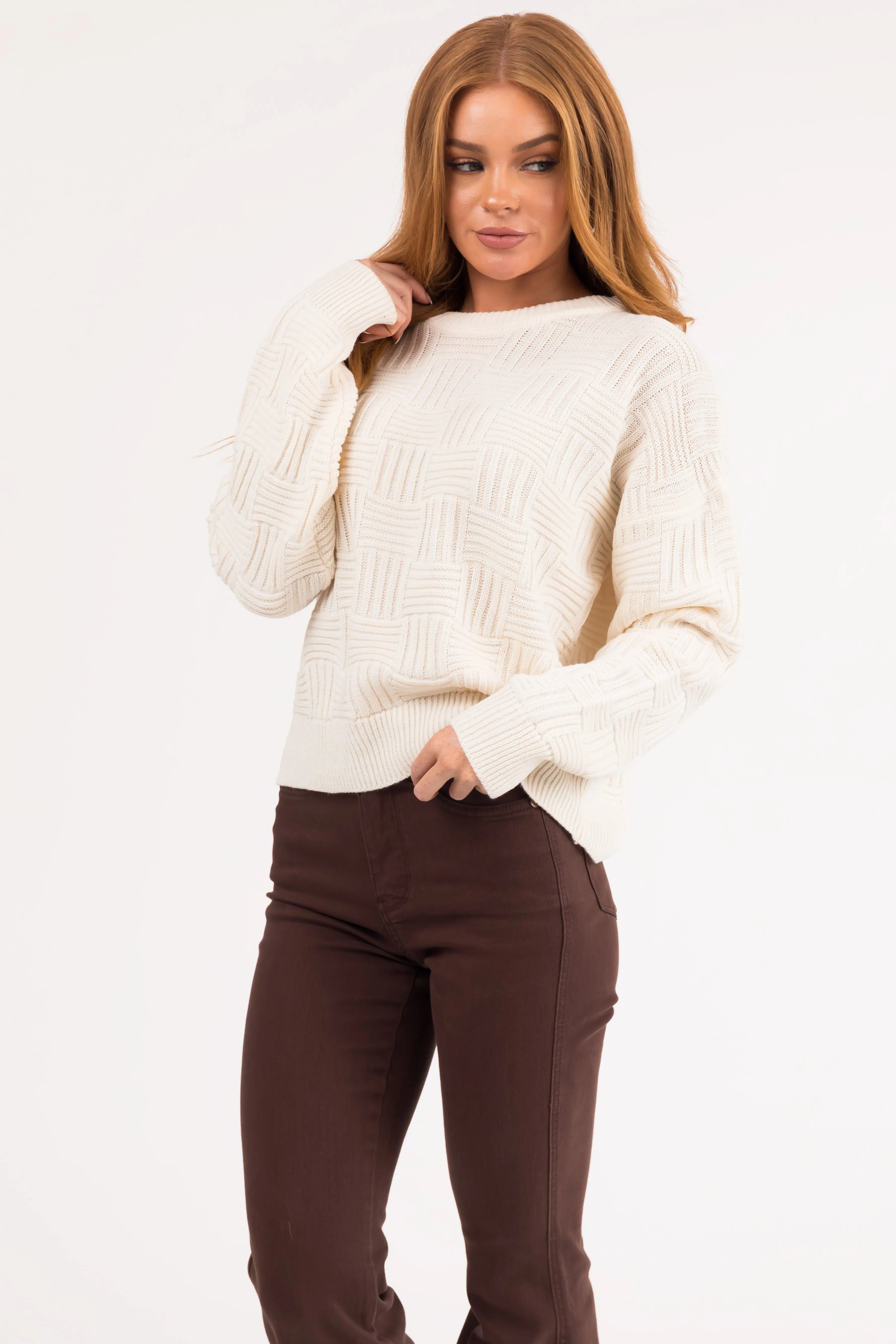 Cream Basket Weave Pullover Knit Sweater sold by Lime Lush product image thumbnail 3