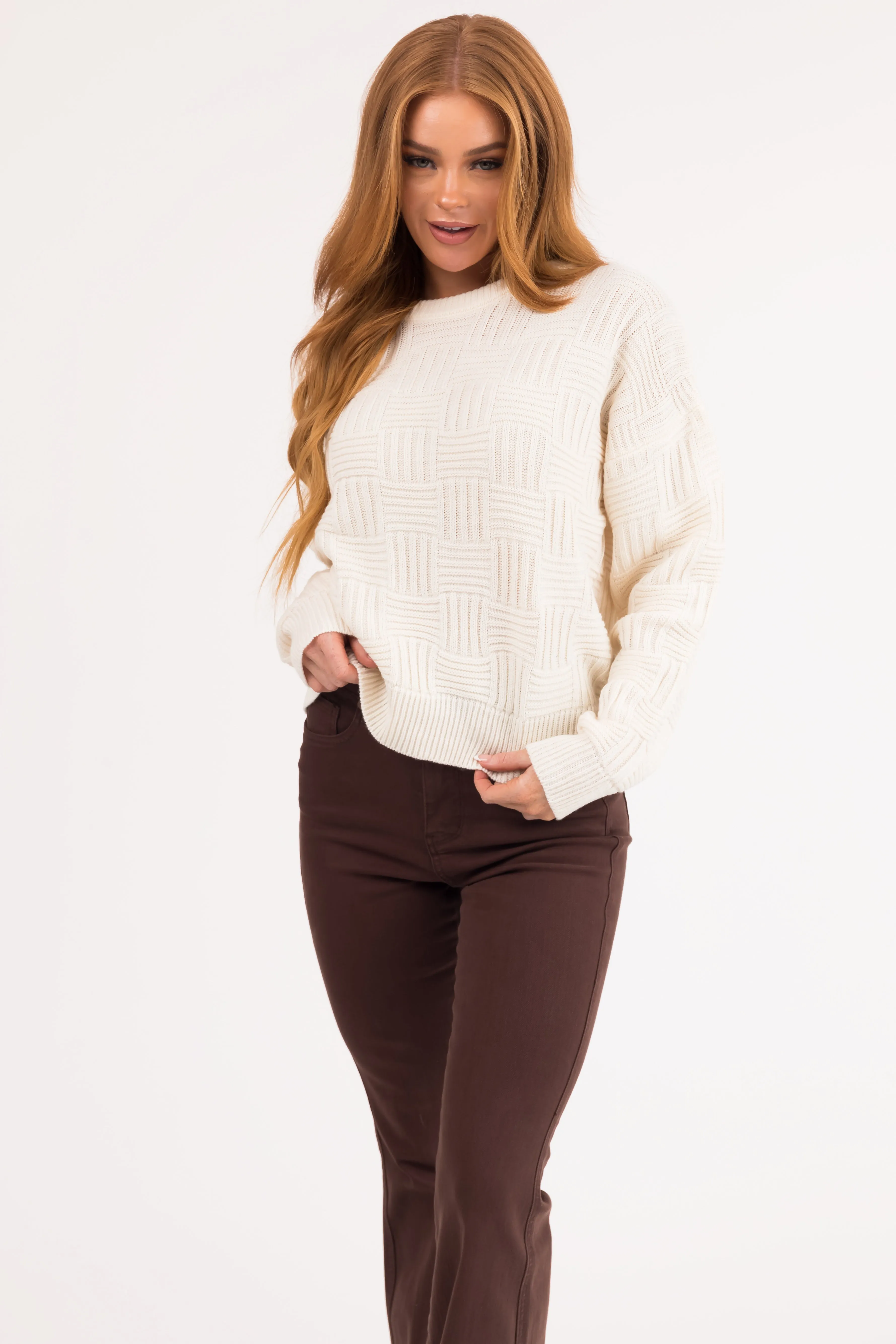 Cream Basket Weave Pullover Knit Sweater sold by Lime Lush product image thumbnail 2