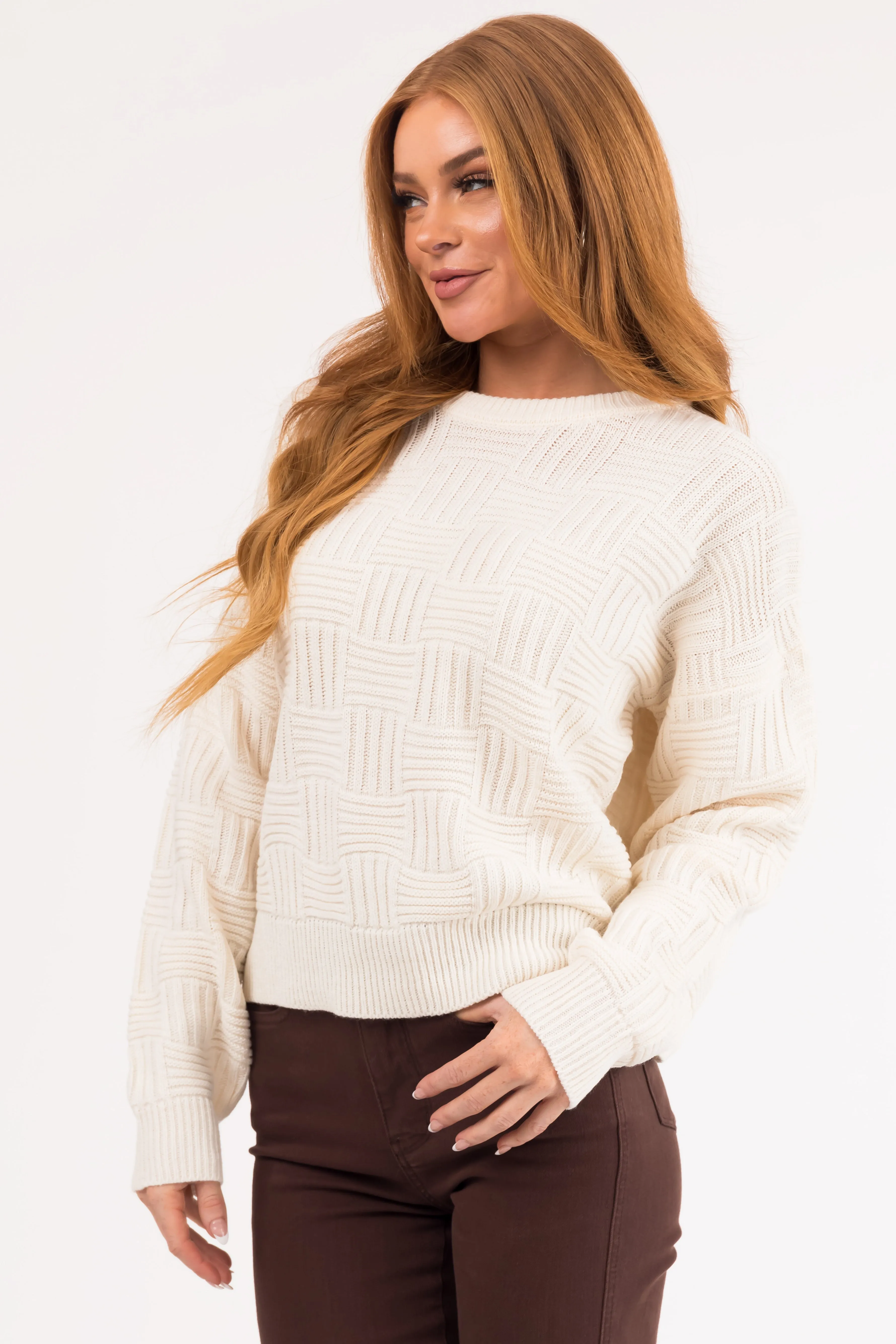 Cream Basket Weave Pullover Knit Sweater sold by Lime Lush product image thumbnail 4