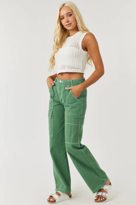 Dusty Olive Wide Leg Cargo Pants with White Stitching sold by Lime Lush