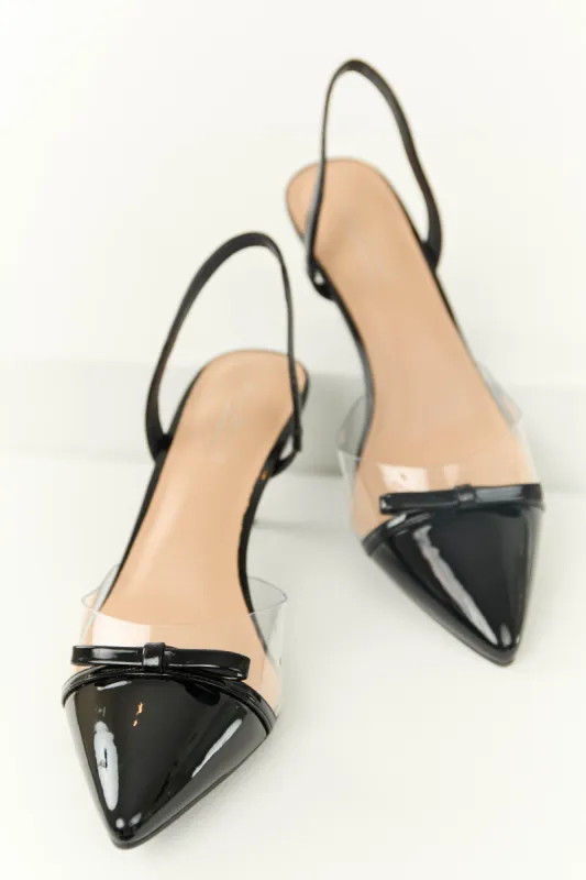 Shiny Black Pointed Toe Slingback Heels with Bow sold by Lime Lush