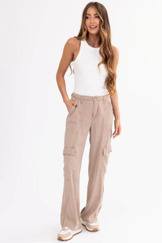 Risen Latte Wide Leg Tencel Cargo Pants sold by Lime Lush