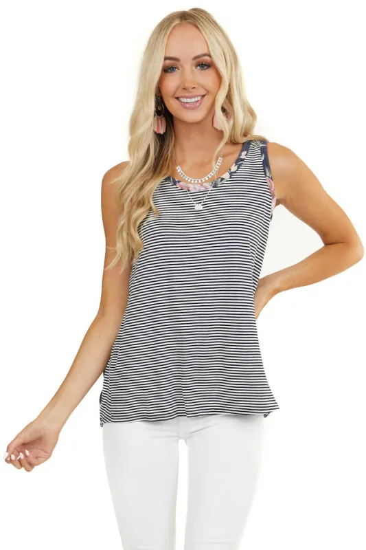 Navy Striped Print Tank Top with Back Floral Contrast sold by Lime Lush