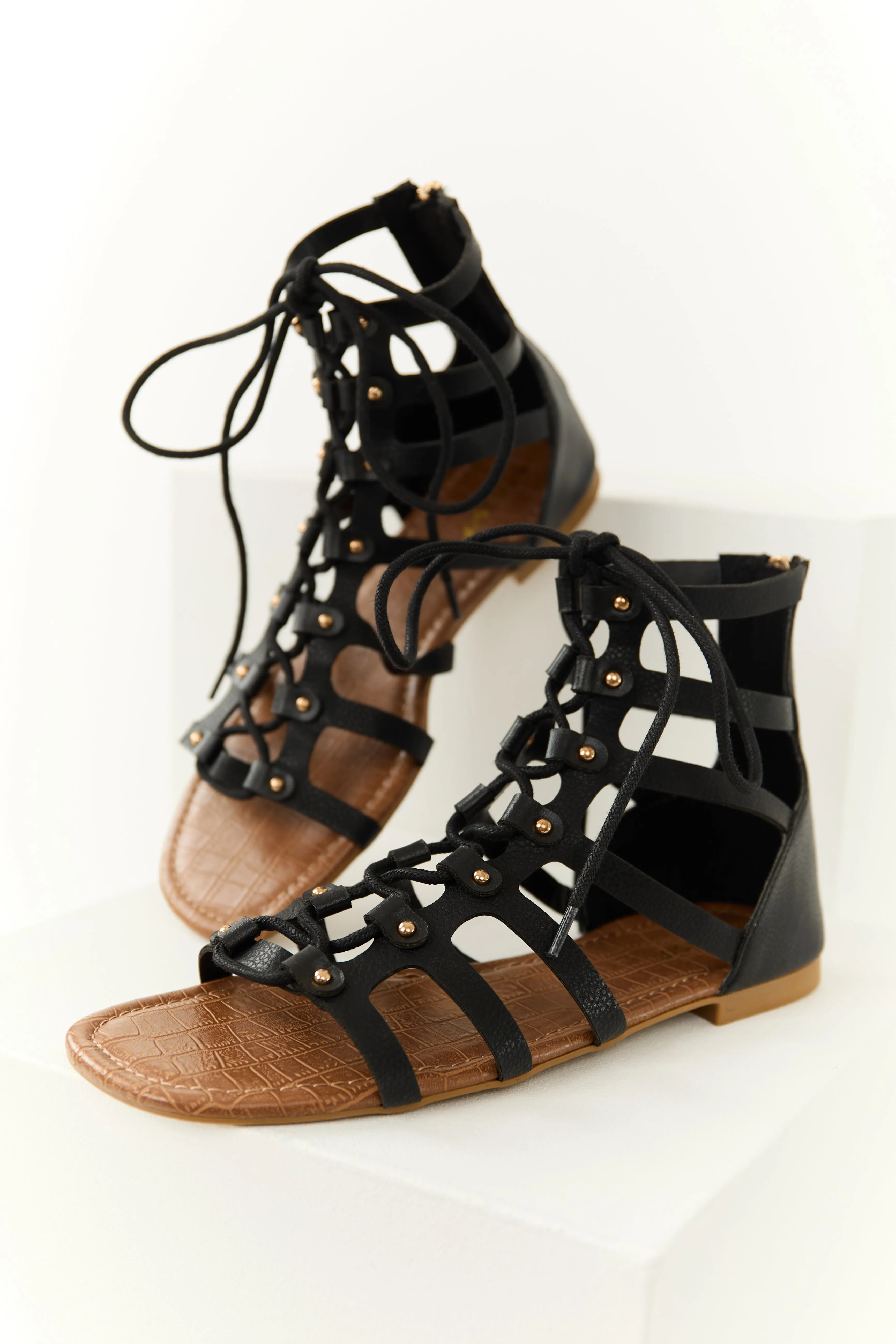 Black Lace Up Open Toed Gladiator Sandals sold by Lime Lush