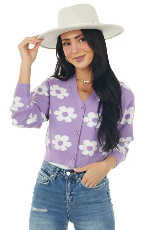 Lilac Daisy Button Front Cropped Knit Cardigan sold by Lime Lush