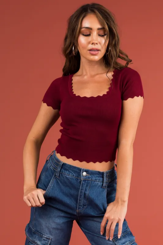 Burgundy Scalloped Trim Ribbed Crop Top sold by Lime Lush
