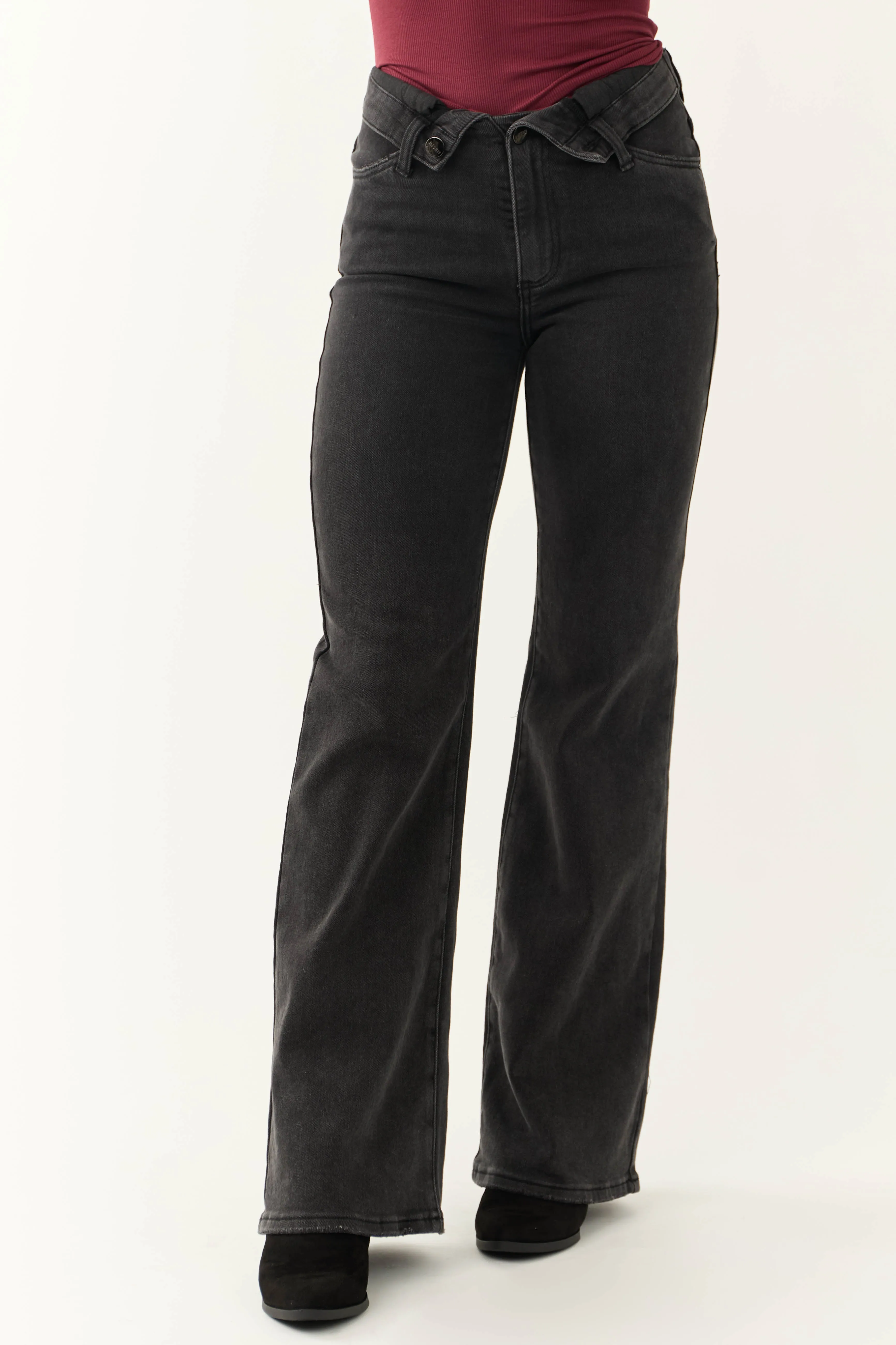 Risen Black Mid Rise Folded Waist Wide Leg Jeans sold by Lime Lush