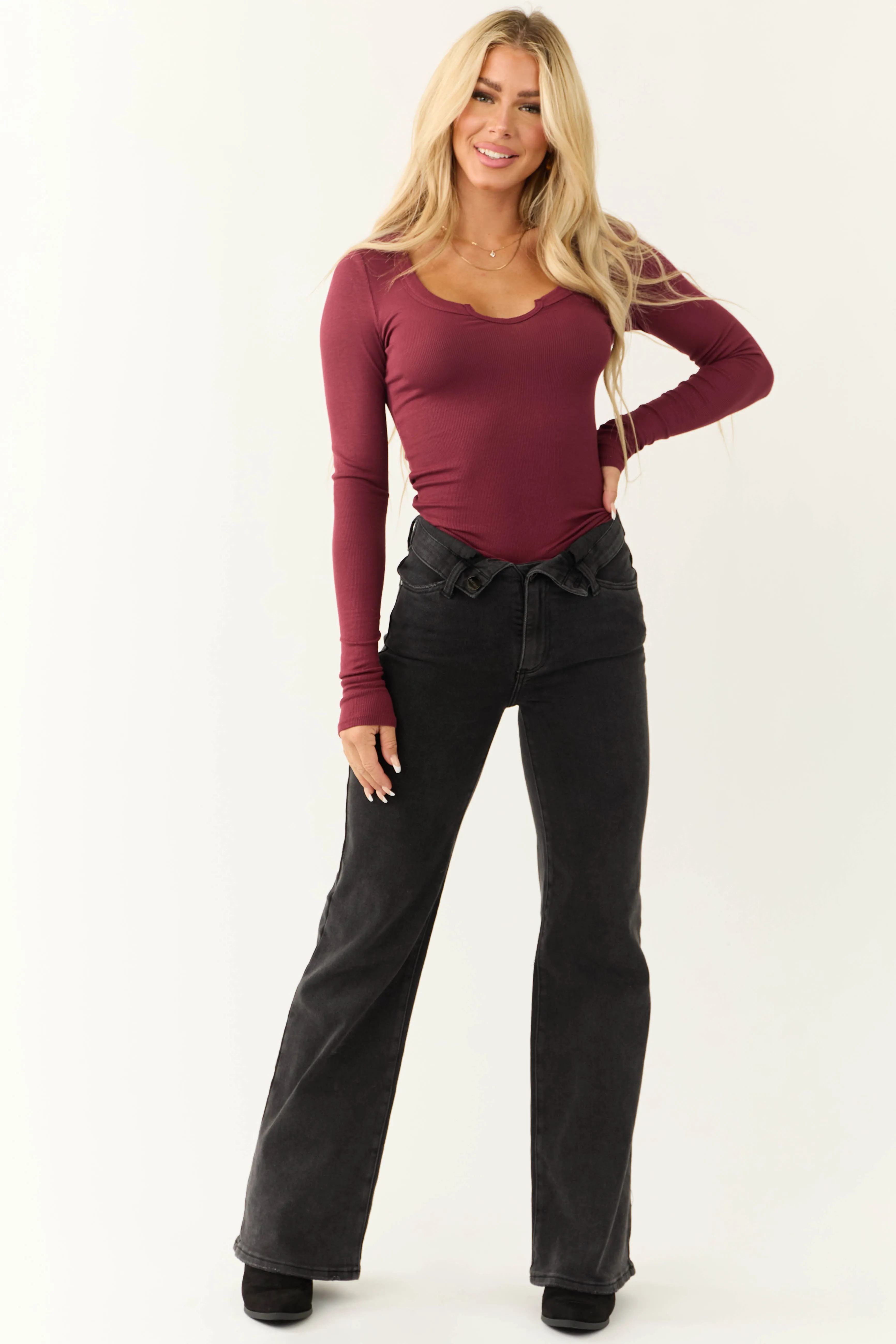 Risen Black Mid Rise Folded Waist Wide Leg Jeans sold by Lime Lush product image thumbnail 5
