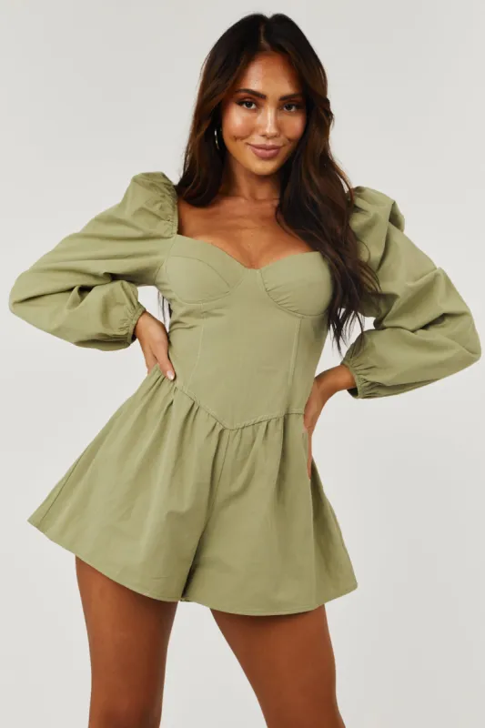 Vintage Olive Puff Sleeve Bustier Corset Romper sold by Lime Lush