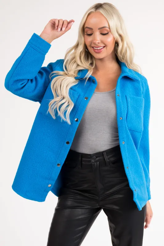 Azure Fuzzy Button Down Long Sleeve Shacket sold by Lime Lush