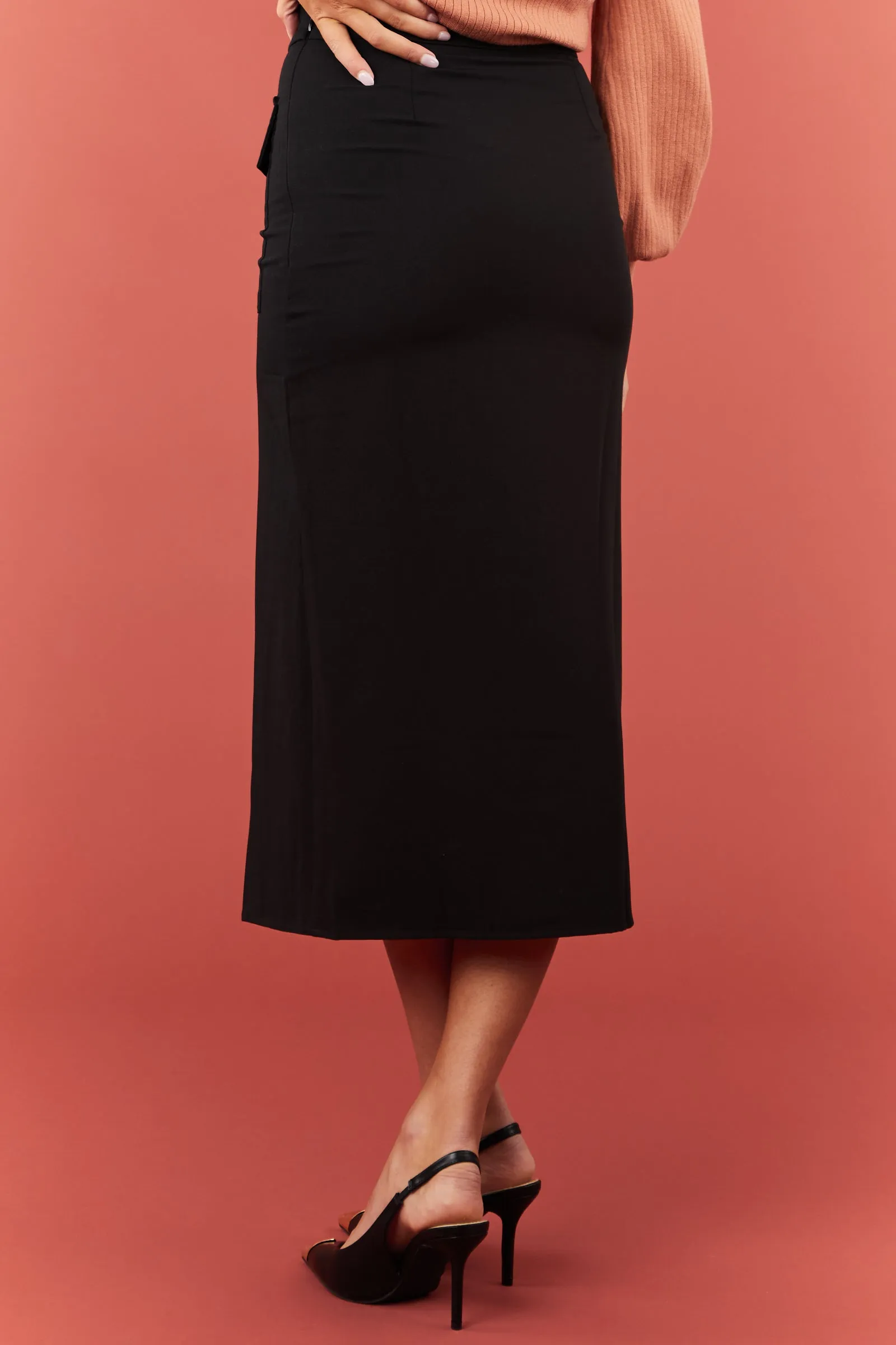 Black Flap Pocket Belted Slit Midi Skirt sold by Lime Lush product image thumbnail 3