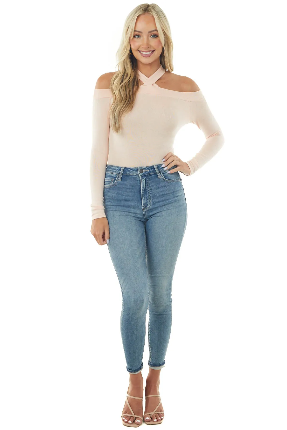 Blush Halter Neck Long Sleeve Crop Top with Cold Shoulders sold by Lime Lush product image thumbnail 2