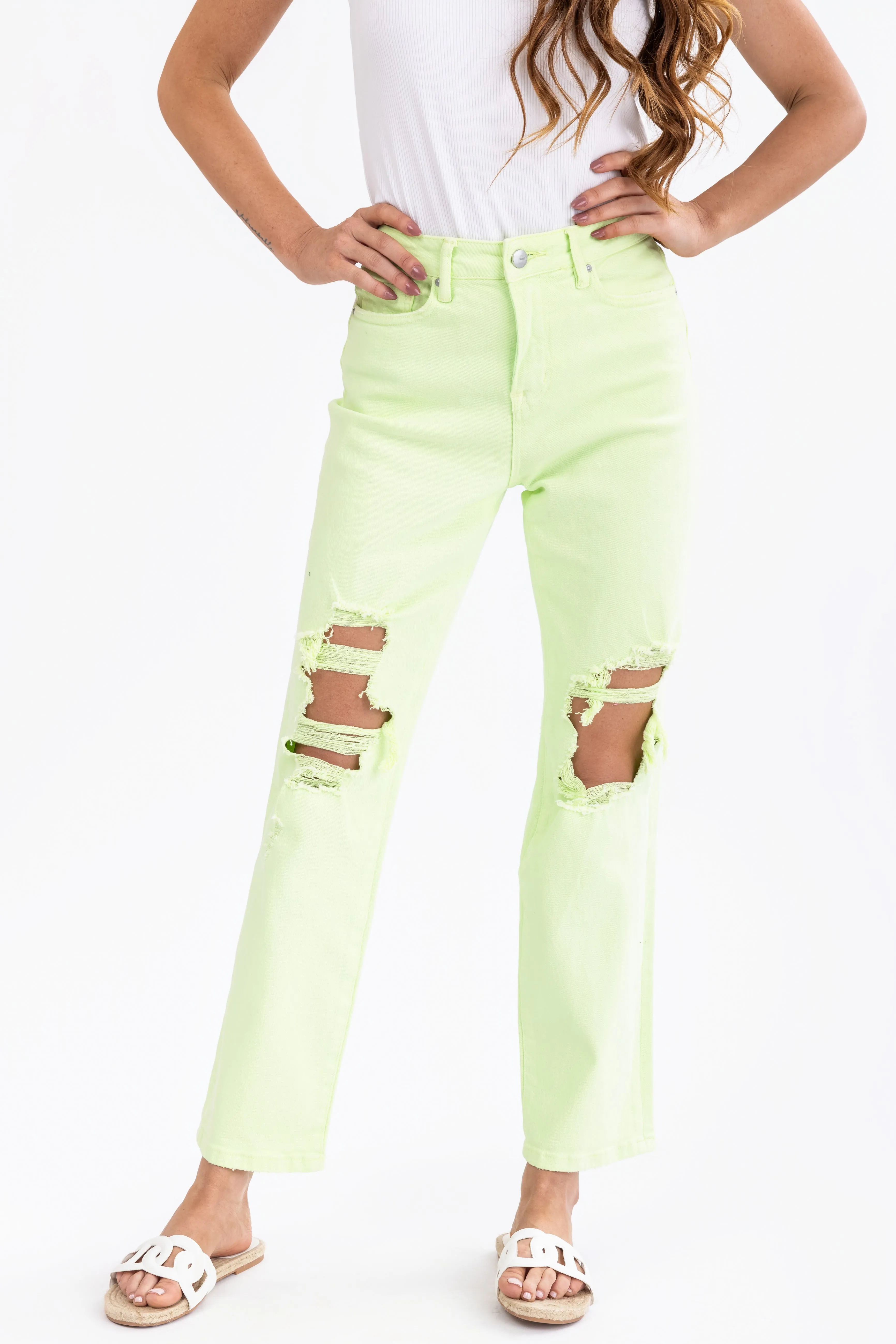 Mica Denim Bright Lime Straight Leg Jeans sold by Lime Lush