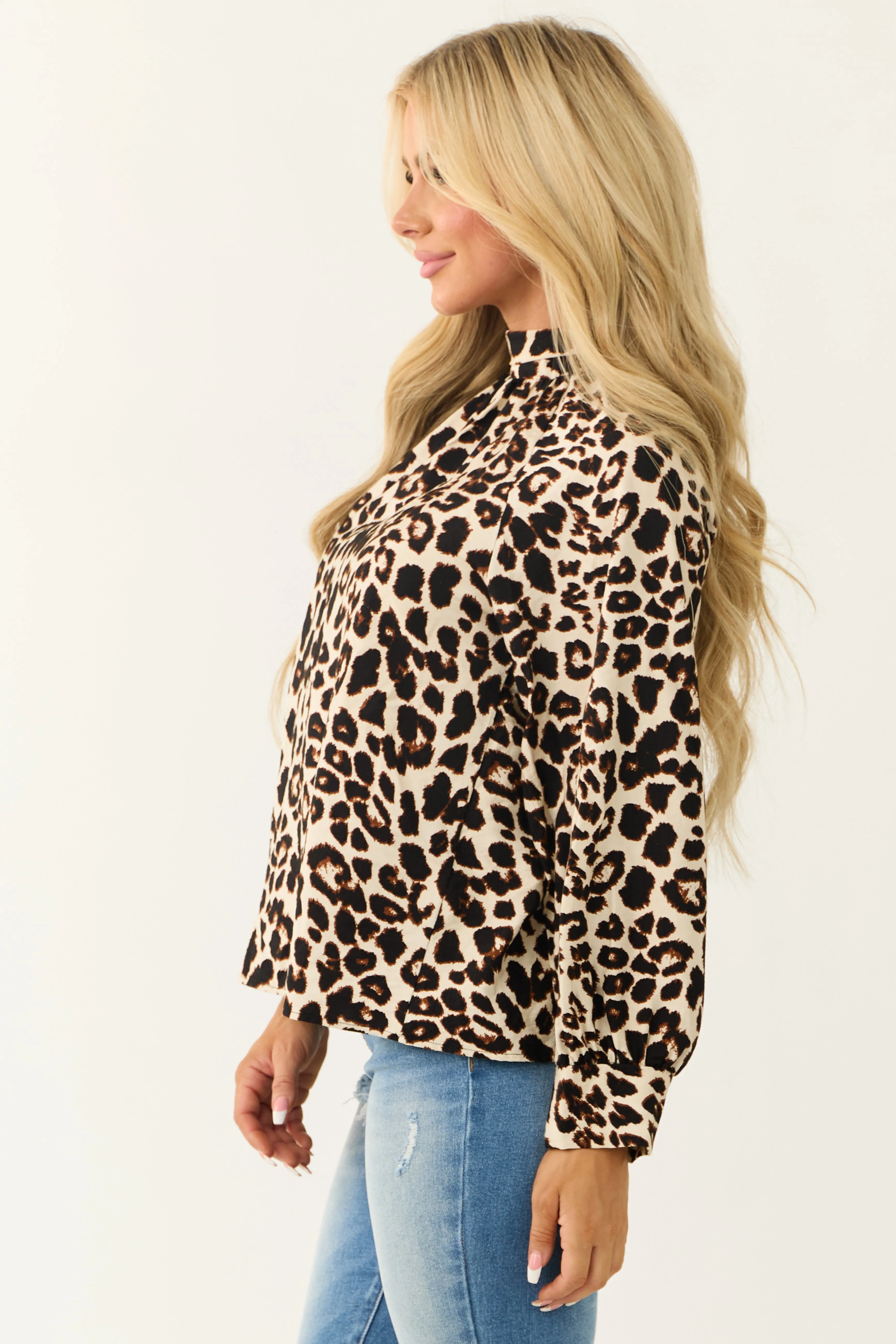 Ivory Leopard Print Mock Neck Long Sleeve Blouse sold by Lime Lush product image thumbnail 5