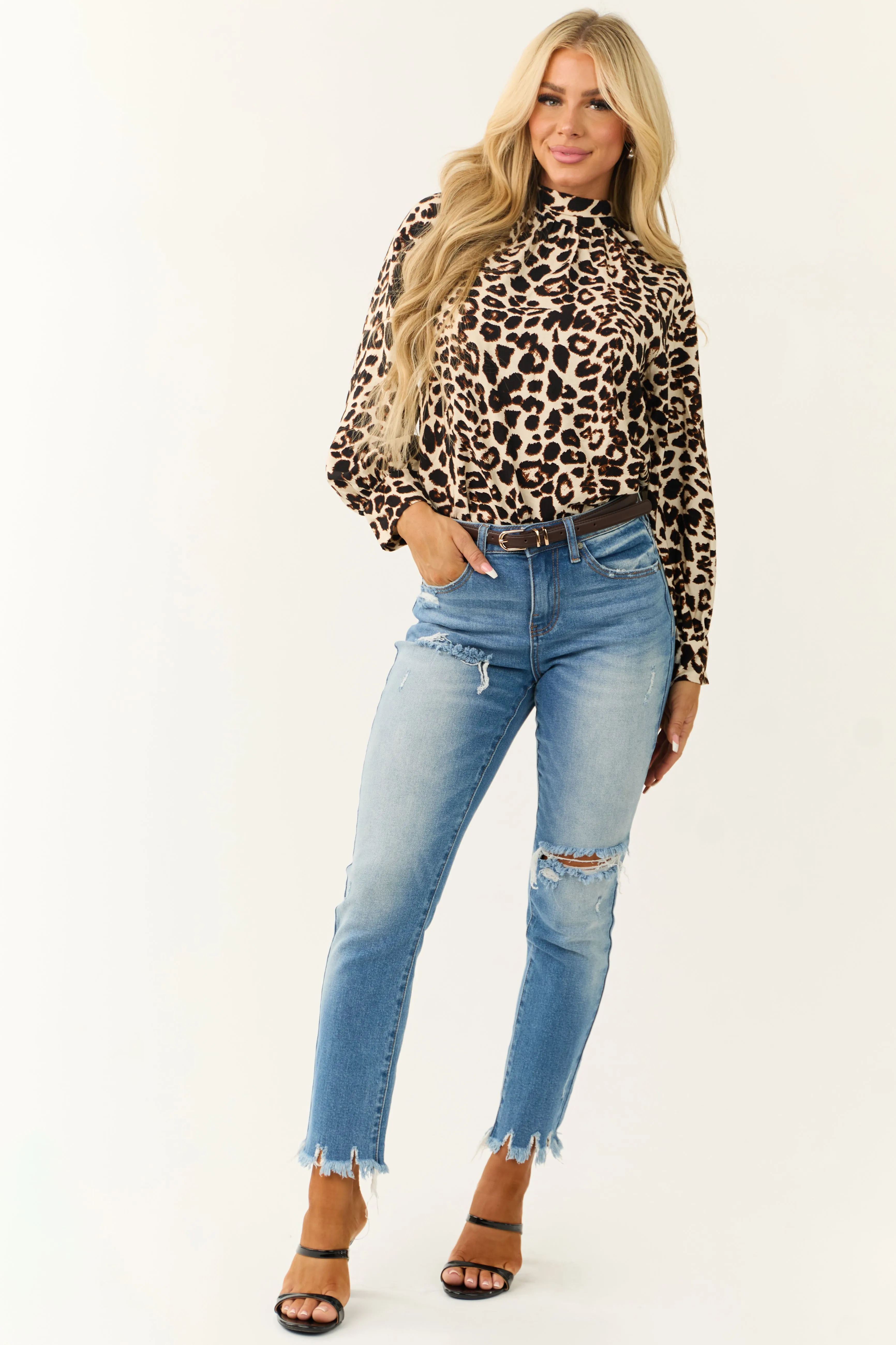 Ivory Leopard Print Mock Neck Long Sleeve Blouse sold by Lime Lush product image thumbnail 3