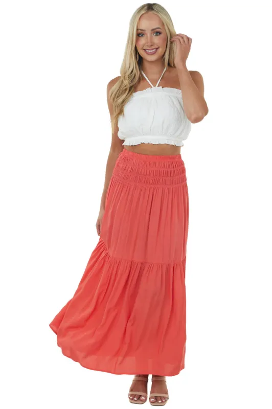 Coral Smocked Waist Tiered Woven Maxi Skirt sold by Lime Lush