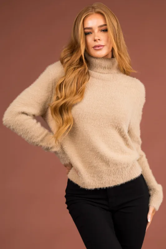 Oatmeal Fuzzy Long Sleeve Turtleneck Sweater sold by Lime Lush