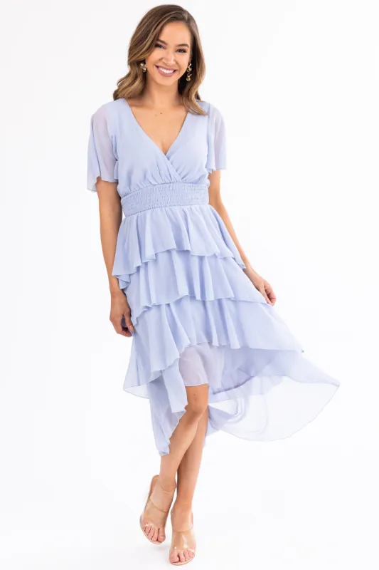 Powder Blue Ruffle High Low Midi Dress sold by Lime Lush