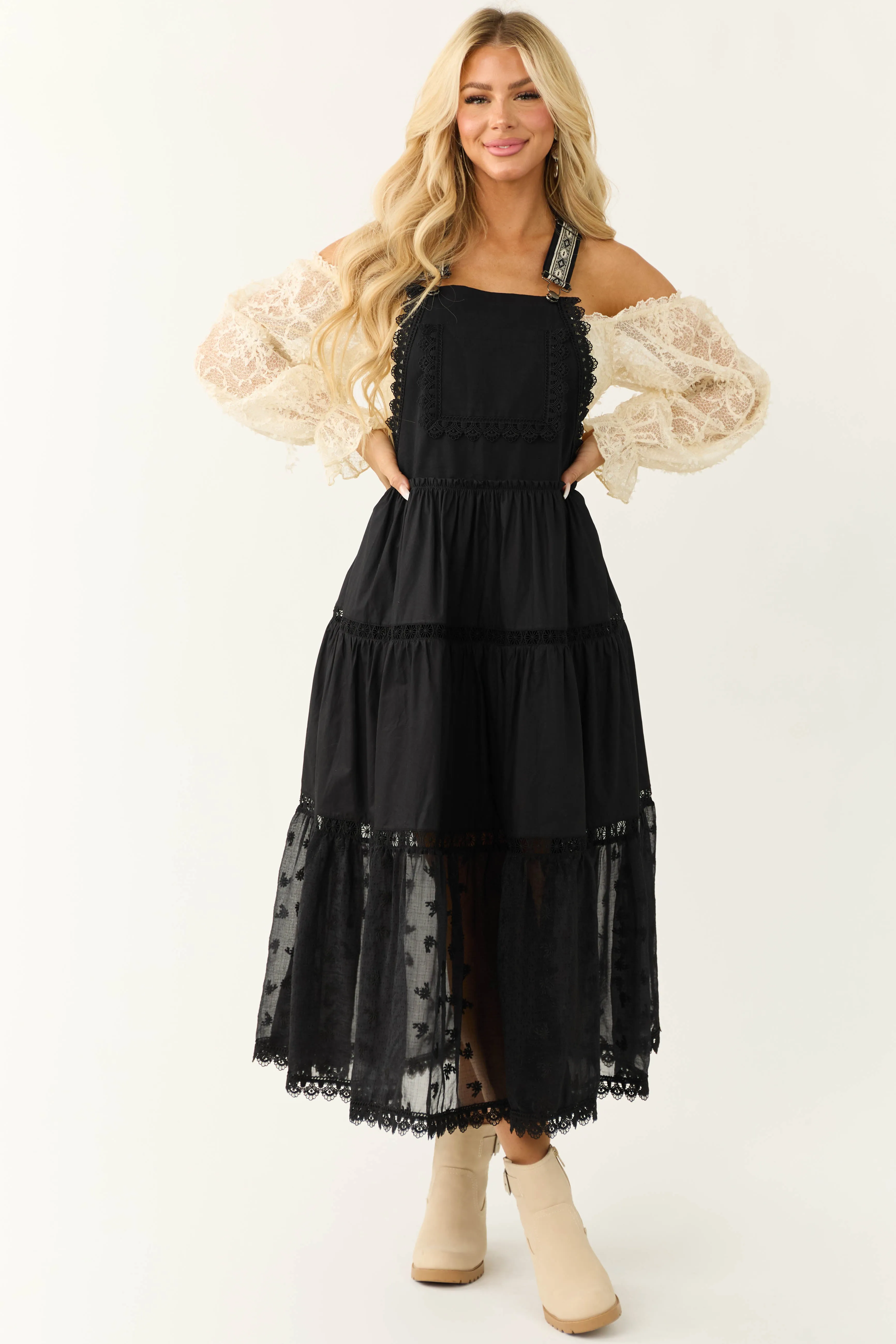 Black Lace Tiered Overalls Maxi Dress sold by Lime Lush product image thumbnail 3